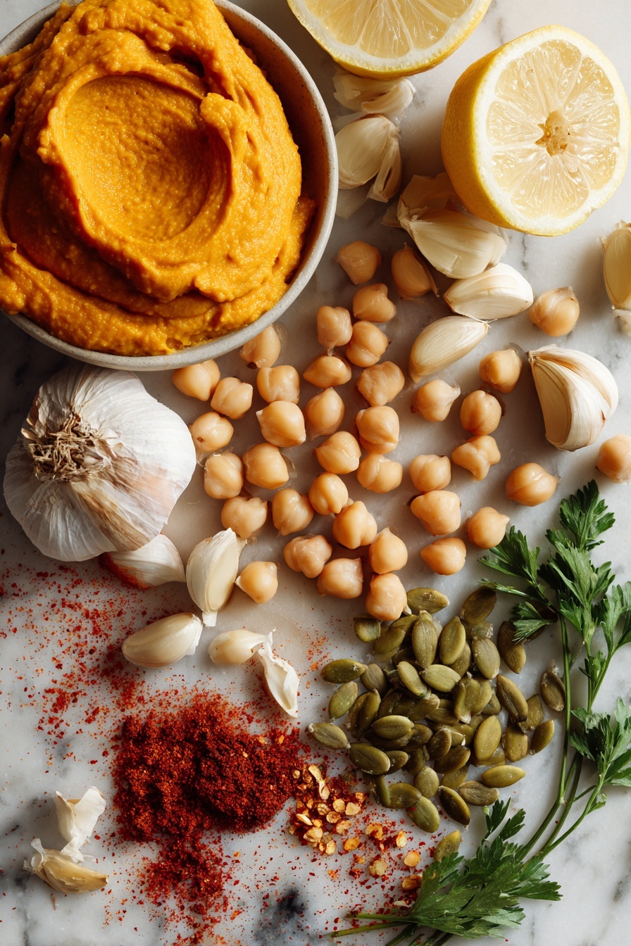 Flat lay of bright orange pumpkin puree dolloped in a smooth mound next to plump, pale beige chickpeas scattered naturally, fresh garlic cloves whole and minced with their papery white skins, fresh lemon cut in half showing its juicy yellow interior, a small pile of rich green toasted pumpkin seeds with a slight gloss, a sprinkle of deep red smoked paprika and vibrant red pepper flakes scattered artistically nearby, and a few sprigs of fresh green cumin leaves for texture contrast, all arranged thoughtfully with balanced spacing and natural shadows, placed on white marbled surface, photo taken with an iphone --ar 2:3 --v 7 - Pumpkin Hummus with Roasted Pumpkin Seeds, pumpkin hummus, healthy pumpkin dip, easy pumpkin appetizer, vegan pumpkin snacks