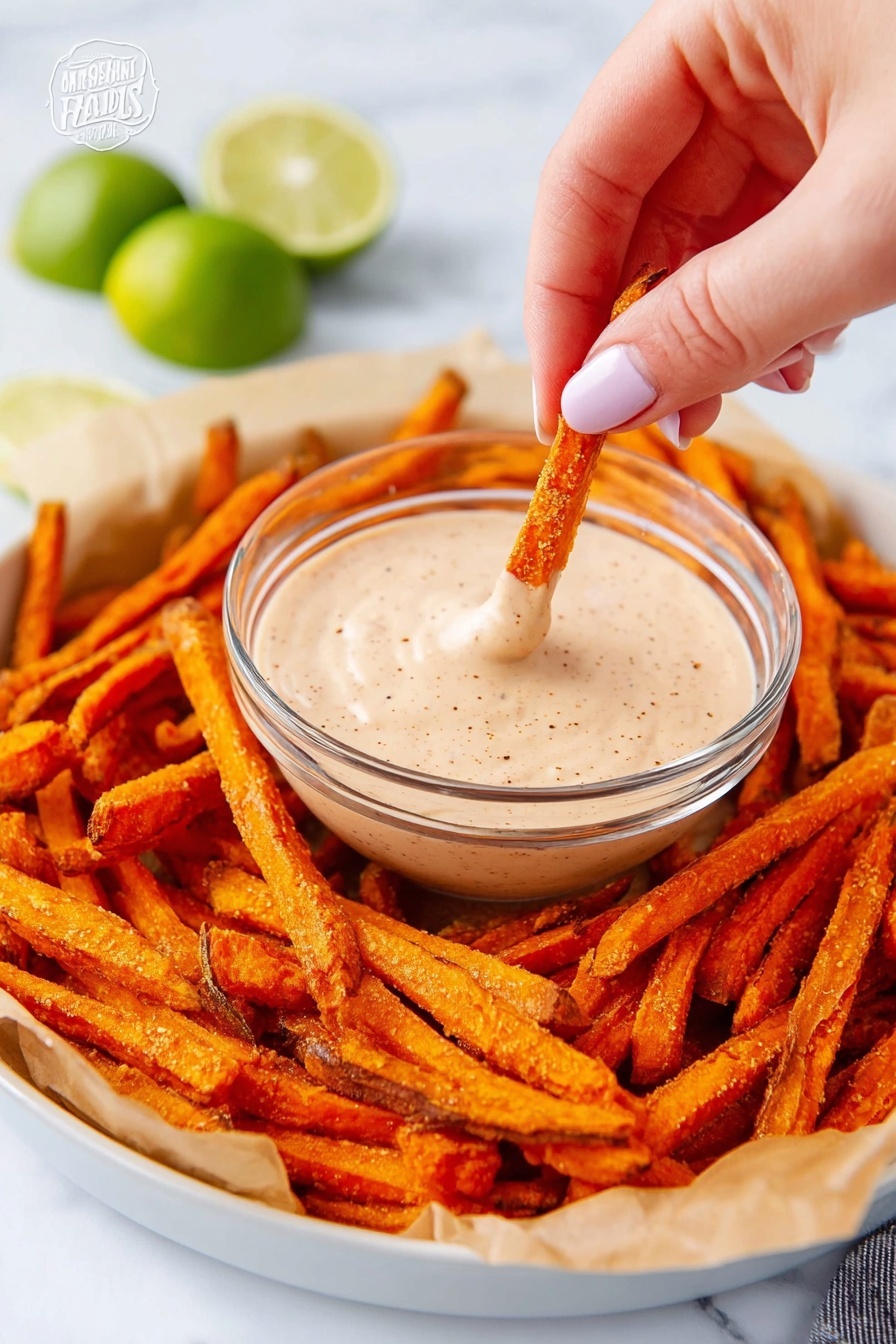 The image shows a white plate lined with parchment paper filled with bright orange sweet potato fries that look crispy and slightly wrinkled on the edges. In the center of the plate, there is a clear glass bowl filled with light brown creamy sauce speckled with fine darker bits. A woman's hand with light pink nail polish is dipping one of the sweet potato fries into the sauce. In the background, there are two lime wedges resting on the white marbled surface. Photo taken with an iphone --ar 2:3 --v 7 - Sweet Potato Fries with Chipotle Lime Dipping Sauce, sweet potato fries, chipotle lime dip, smoky spicy sauce, flavorful fry dipping