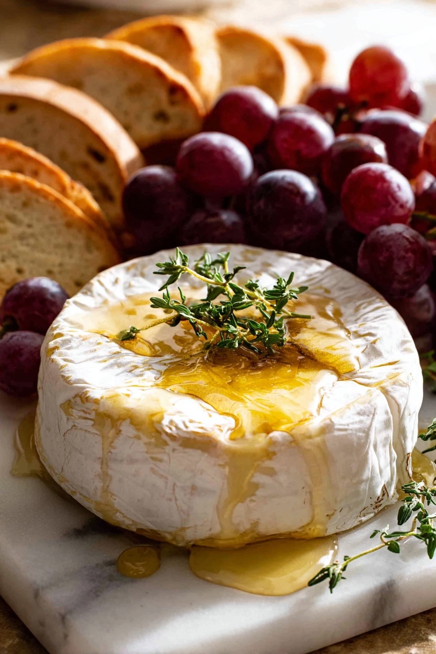 A round, soft cheese with a white rind is shown with its top layer opened, revealing a thick, creamy, melted yellow inside flowing onto white parchment paper beneath. A woman's hand is lifting a toasted, oval-shaped bread piece from the cheese, pulling the melted cheese in a stretchy, gooey stream. There is a small green herb sprig on the cheese and some red grapes blurred in the background, all set on a white marbled surface. photo taken with an iphone --ar 2:3 --v 7 - Baked Brie with Honey and Thyme, cheesy baked Brie, honey thyme cheese appetizer, easy Brie cheese recipes, elegant cheese appetizer