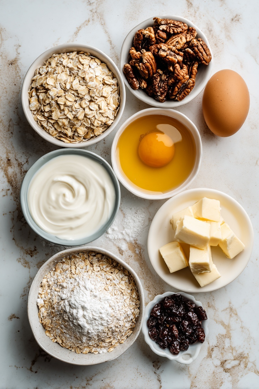 Flat lay of toasted pecan halves with rich brown hues and rugged textures, plump dark currants with a glossy sheen, rustic old-fashioned rolled oats in soft beige clusters, smooth cold unsalted butter pieces in pale yellow blocks, golden maple syrup glistening in a small natural pool, creamy white heavy cream in a gentle swirl, a fresh brown egg with a smooth shell, and a small pile of fine white confectioners' sugar, all beautifully arranged with natural spacing and slight overlaps, placed on white marbled surface, photo taken with an iphone --ar 2:3 --v 7 - Glazed Oatmeal Maple Scones with Pecans & Currants, hearty oatmeal scones with maple glaze, easy scone recipe with pecans and currants, breakfast scones with maple, gluten-free oatmeal scones