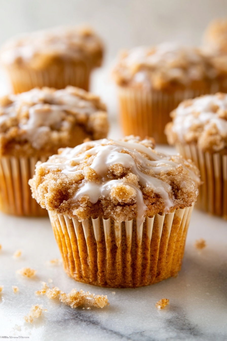 A group of seven crumb-topped muffins with a rough, crumbly golden brown texture, each drizzled with a light white sugary glaze. The muffins sit close together on a smooth white round plate. The glaze drips slightly on the plate, adding a shiny, wet look to the dry crumb topping. The plate is placed on a white marbled surface with a few crumbs scattered around it. Photo taken with an iphone --ar 2:3 --v 7 - Pumpkin Crumb Cake Muffins, Fall muffins with pumpkin, Easy pumpkin muffins, Spiced pumpkin muffin recipe, Dessert muffins with crumb topping