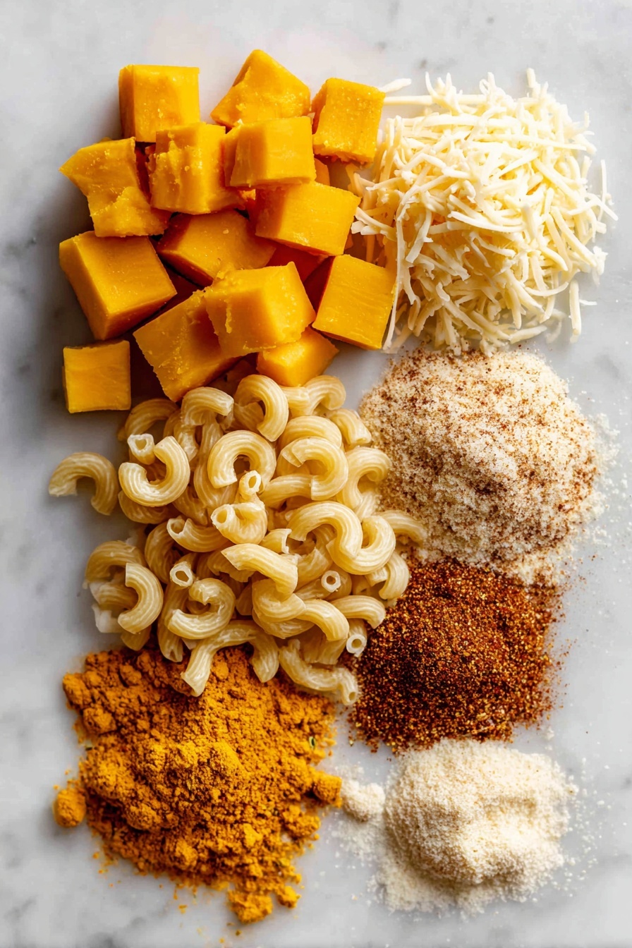 Flat lay of bright orange pumpkin purée, golden cubes of cream cheese, sharp shredded cheddar cheese, finely grated Parmesan cheese, vibrant orange-brown pumpkin spice blend with visible specks of cinnamon and nutmeg, loose elbow macaroni pasta in a natural pale cream color, and a small pile of garlic and onion powders, all beautifully arranged in a balanced composition on a white marble surface, photo taken with an iphone --ar 2:3 --v 7 - Pumpkin Mac and Cheese, autumn comfort food, pumpkin pasta recipe, cozy fall dinner, cheesy pumpkin pasta
