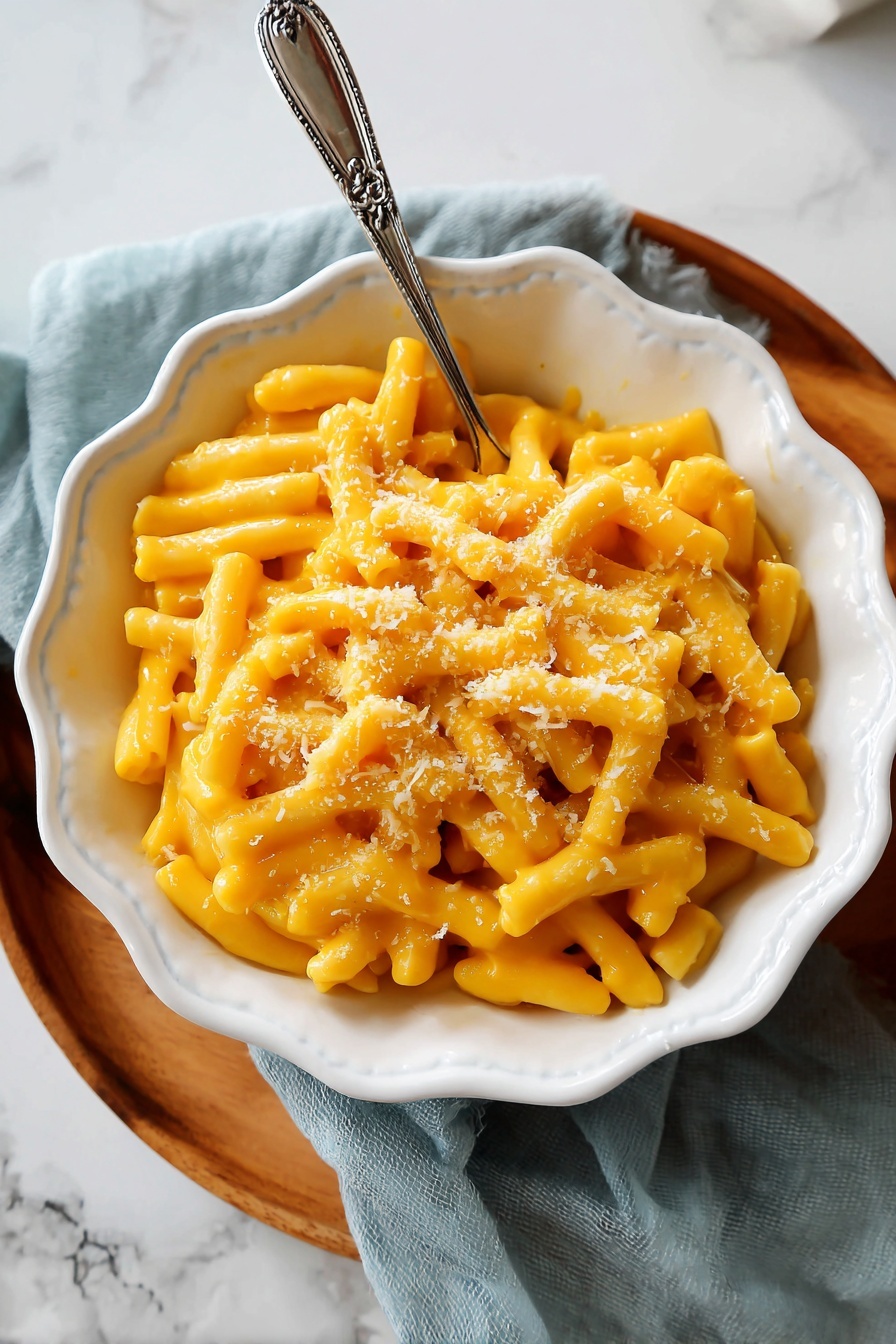 A white scalloped bowl filled with creamy, smooth mac and cheese showing thick noodles coated evenly with bright orange cheese sauce, placed on a wooden board with a soft blue and white cloth beside it, an old silver fork resting on the cloth, a small white bowl with grated cheese slightly visible in the top left corner, and a white pot with more mac and cheese on the top right on a white marbled surface photo taken with an iphone --ar 2:3 --v 7 - Pumpkin Mac and Cheese, autumn comfort food, pumpkin pasta recipe, cozy fall dinner, cheesy pumpkin pasta