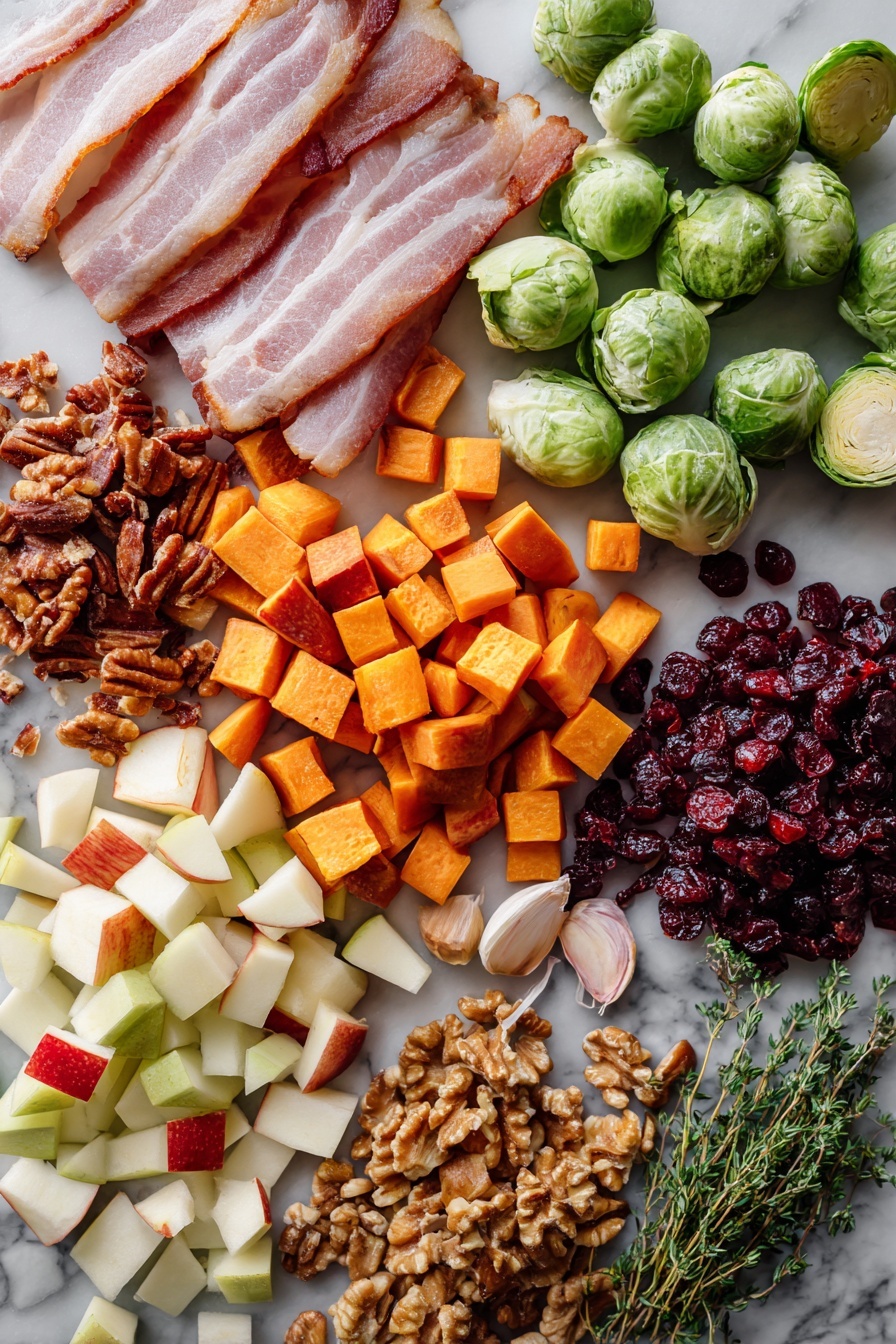 Flat lay of thick-cut bacon slices, diced small sweet potatoes, halved Brussels sprouts, diced red apple pieces, roughly chopped walnuts, dried cranberries, fresh green thyme sprigs, small brown onion diced, and garlic cloves, all beautifully arranged with warm autumn colors and natural textures, placed on a white marble surface, photo taken with an iphone --ar 2:3 --v 7 - One-Pot Easy Harvest Chicken Skillet, easy fall dinner ideas, quick weeknight chicken recipes, cozy skillet meals, healthy harvest chicken dish
