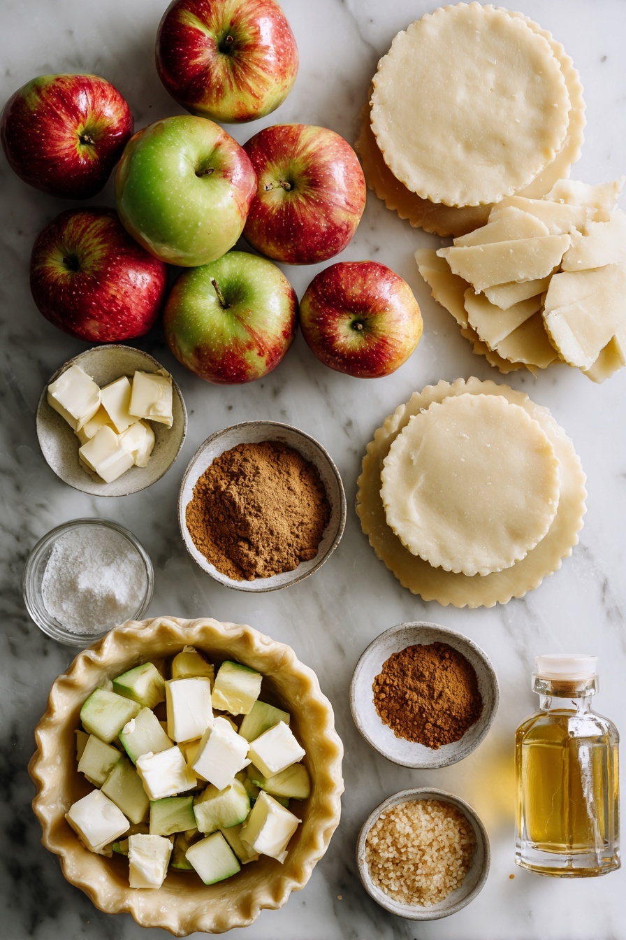 Flat lay of fresh chopped apples with their natural red and green skins, small cubes of creamy butter, golden granulated sugar crystals, warm brown ground cinnamon and nutmeg powders, smooth pale pie crust dough rounds, and a small glass bottle of pure vanilla extract, all beautifully arranged in a balanced composition highlighting their textures and colors, placed on a white marble surface, photo taken with an iphone --ar 2:3 --v 7 - Apple Hand Pies, apple hand pies recipe, homemade apple hand pies, easy apple hand pies, handheld apple pies