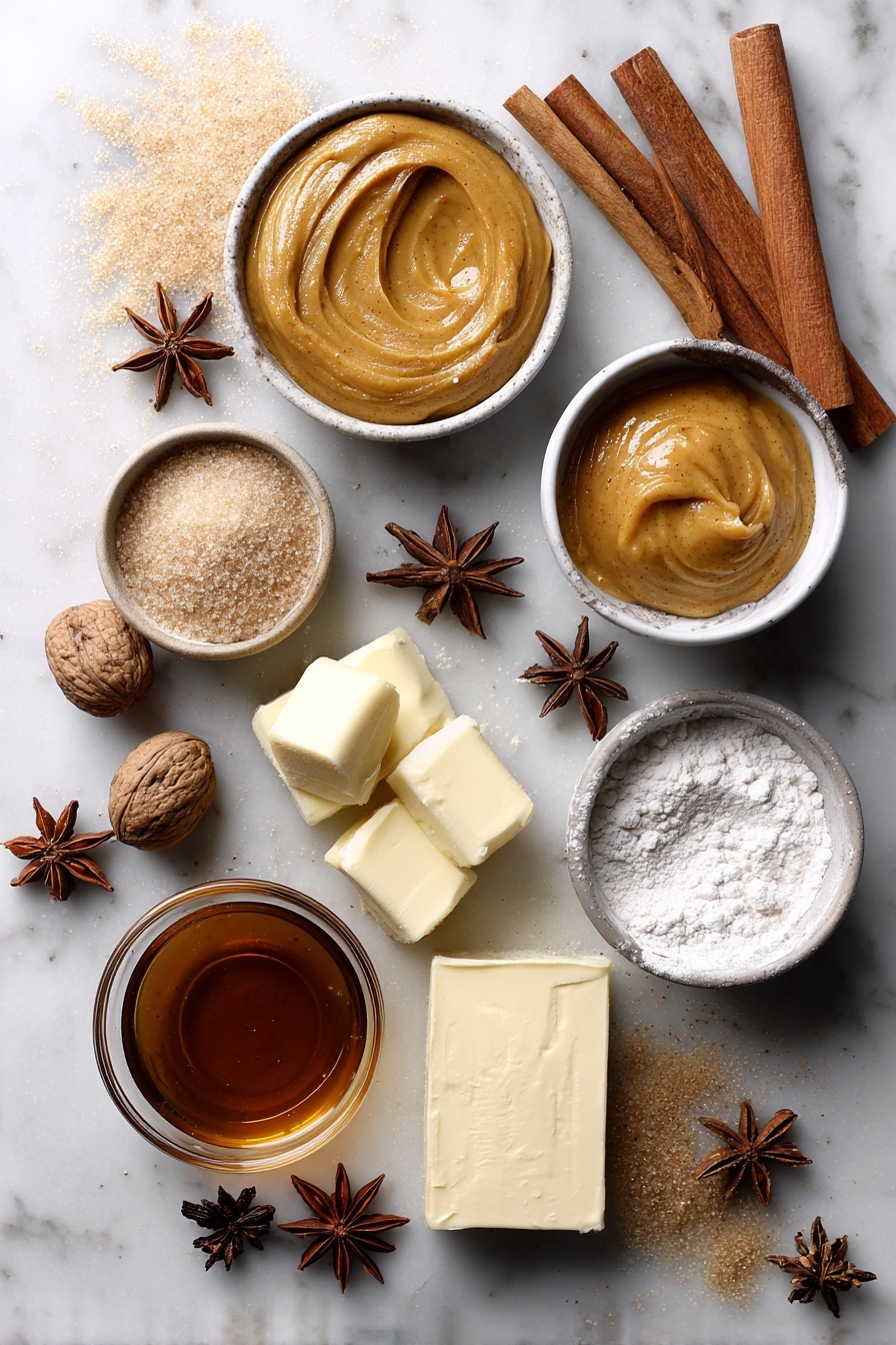 Flat lay of smooth pumpkin puree dollops, golden light brown sugar piles, warm cinnamon sticks, star anise, whole nutmeg, shiny unsalted butter cubes, glossy maple syrup drizzle, and creamy vanilla beans, all beautifully arranged with a scattering of raw all-purpose flour on a white marble surface, photo taken with an iphone --ar 2:3 --v 7 - Pumpkin Coffee Cake with Crumb Topping and Maple Glaze, fall pumpkin coffee cake, autumn spice coffee cake, moist pumpkin cake recipe, easy pumpkin brunch cake