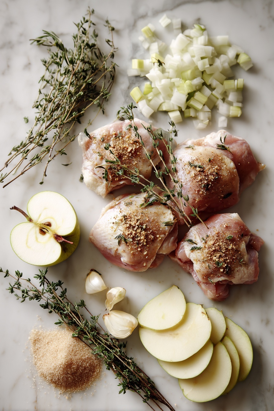 Flat lay of boneless, skinless chicken thighs seasoned with ground coriander, cinnamon, nutmeg, and dried thyme, surrounded by thinly sliced fresh apple pieces, chopped shallots, sprigs of fresh thyme and rosemary, a small mound of light brown sugar, and a pat of unsalted butter, all beautifully arranged on a white marble surface, photo taken with an iphone --ar 2:3 --v 7 - Skillet Apple Cider Chicken, apple cider chicken skillet, easy apple cider chicken recipe, fall dinner ideas with chicken, one-skillet chicken dinner