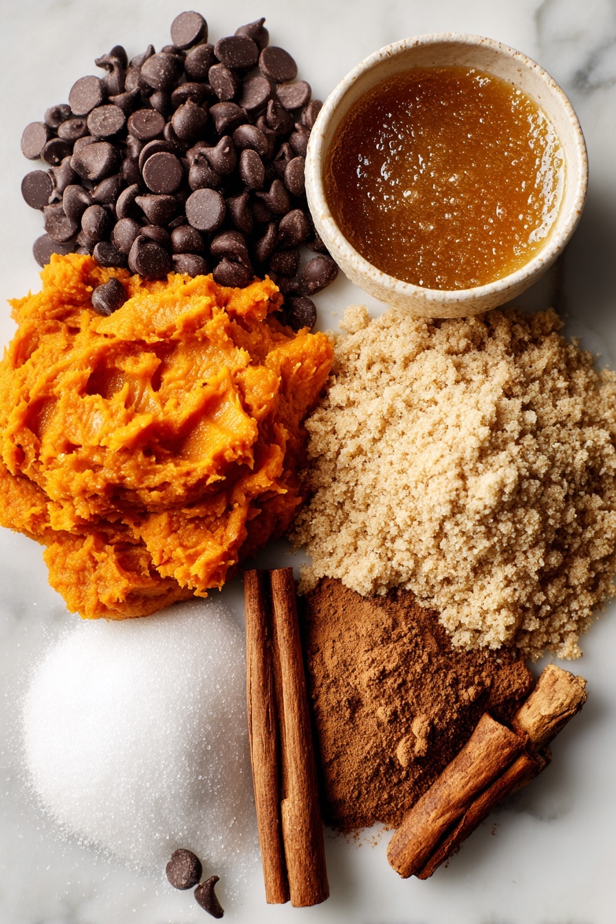 Flat lay of rich browned butter with its golden amber color, vibrant orange pumpkin puree, glossy semi-sweet chocolate chips, a heaping mound of light brown sugar, soft white granulated sugar crystals, a sprinkling of warm ground cinnamon, fresh grated nutmeg, and a small pile of ground ginger, all beautifully arranged side by side with a pinch of cloves and allspice nearby, placed on a white marble surface, photo taken with an iphone --ar 2:3 --v 7 - Chewy Pumpkin Chocolate Chip Cookies, pumpkin chocolate chip cookies, fall cookie recipes, pumpkin cookies with chocolate chips, easy fall treats