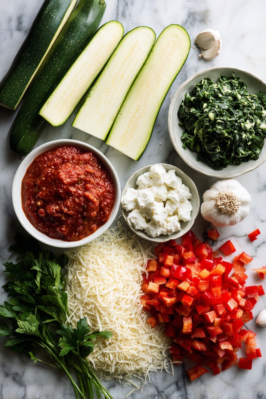 Flat lay of halved zucchinis with their flesh scooped out, diced red bell pepper, fresh spinach leaves finely chopped, whole garlic cloves, a mound of ricotta cheese, shredded mozzarella cheese, freshly grated Parmesan cheese, and a jar of vibrant marinara sauce, all beautifully arranged on a white marble surface, photo taken with an iphone --ar 2:3 --v 7 - Lasagna Stuffed Zucchini Boats, healthy zucchini lasagna, low-carb zucchini recipes, vegetarian zucchini boats, cheesy zucchini boats
