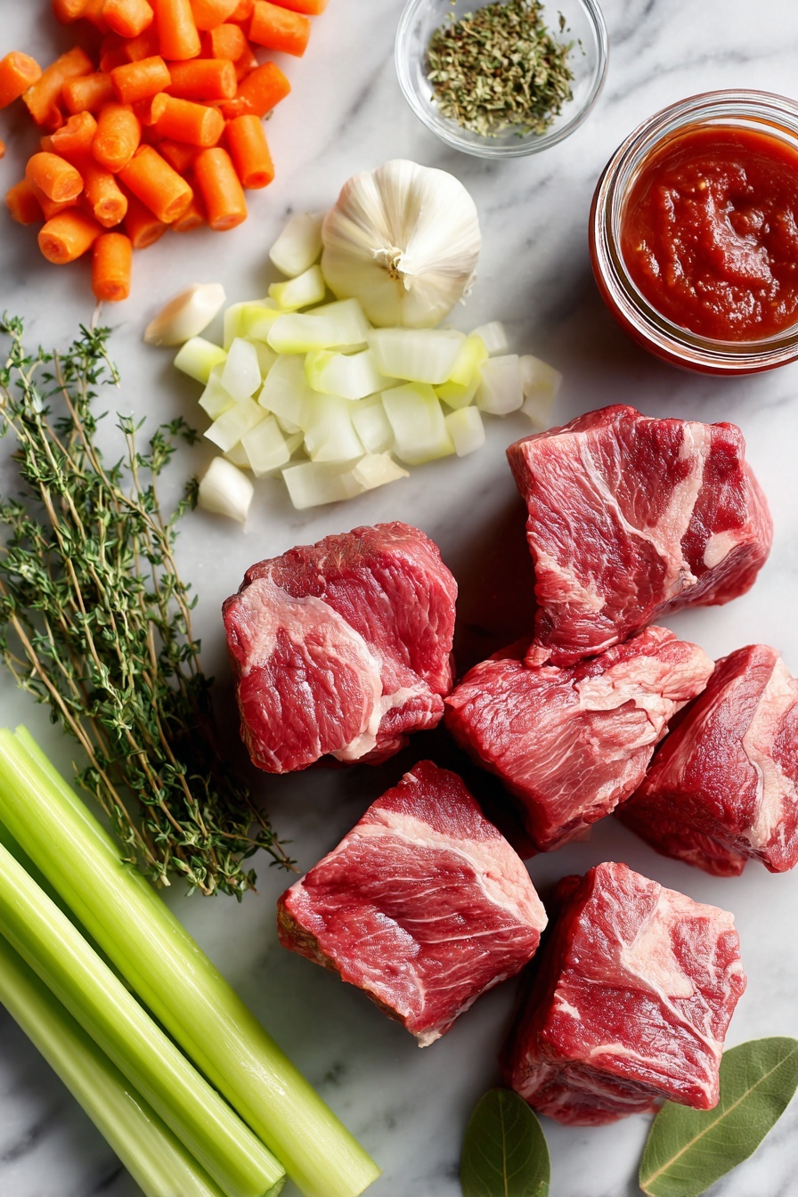 Flat lay of thick, raw chuck roast pieces with trimmed fat, diced pancetta cubes, bright orange peeled carrot chunks, finely chopped yellow onion, crisp celery ribs sliced, whole peeled garlic cloves, a small jar of deep red tomato paste, fresh green thyme sprigs, and glossy bay leaves beautifully arranged and placed on a white marble surface, photo taken with an iphone --ar 2:3 --v 7 - Italian Pot Roast, Italian Pot Roast recipe, flavorful beef stew, slow braised beef, Italian-inspired beef dinner