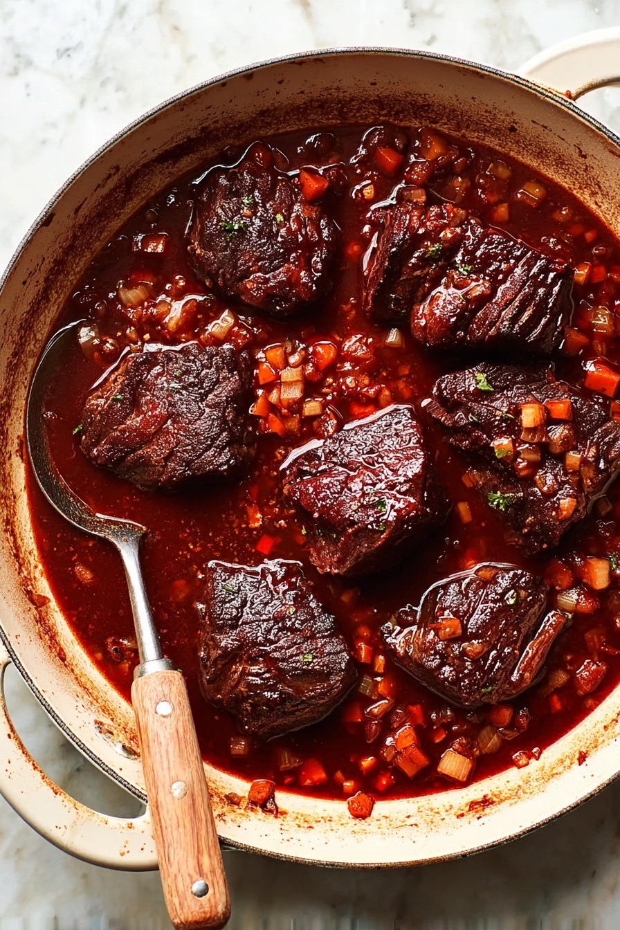 The image shows a white round pan filled with six large dark brown beef pieces simmering in a deep red-brown sauce with a rich glossy texture. The sauce contains small diced carrots and onions scattered evenly around the beef pieces. A metal spoon with a light wooden handle rests inside the pan, partially submerged in the sauce on the left side. The pan is placed on a white marbled surface that enhances the color contrast of the food. photo taken with an iphone --ar 2:3 --v 7 - Italian Pot Roast, Italian Pot Roast recipe, flavorful beef stew, slow braised beef, Italian-inspired beef dinner