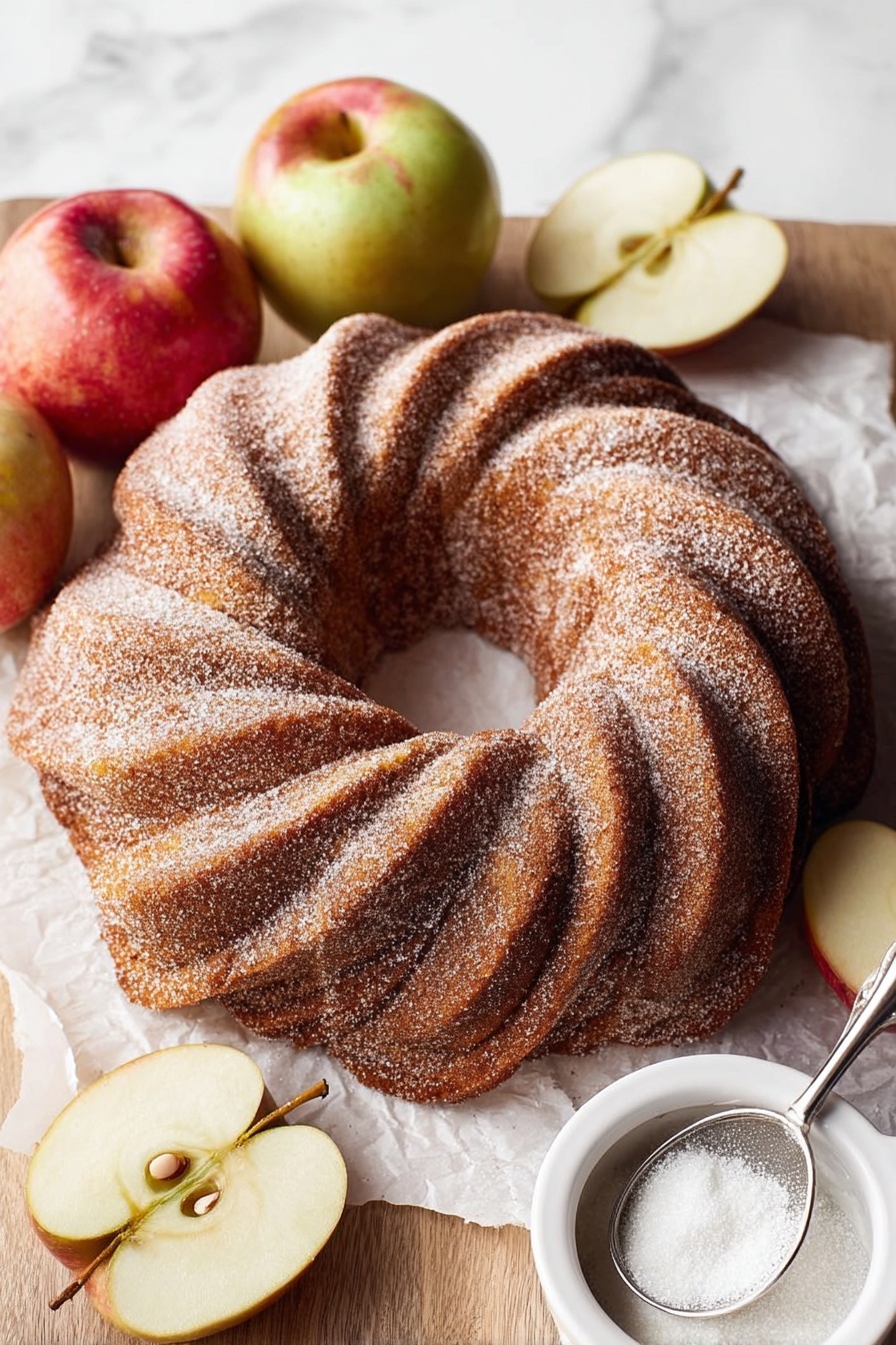 A round bundt cake with a golden brown crust is placed on crumpled white parchment paper over a white marbled surface. The cake is sliced into five pieces, showing a soft, light beige inside with a moist texture. Thick white icing is drizzled in broad lines across the top and sides, with some icing pooled around the cake on the parchment. A small white bowl filled with cinnamon sugar sits nearby, along with a beige-handled knife resting on the surface. The overall scene is softly lit, focusing on the texture and glaze of the cake. photo taken with an iphone --ar 2:3 --v 7 - Apple Cider Bundt Cake, fall dessert recipes, spiced apple cake, cozy autumn treats, easy bundt cake recipes