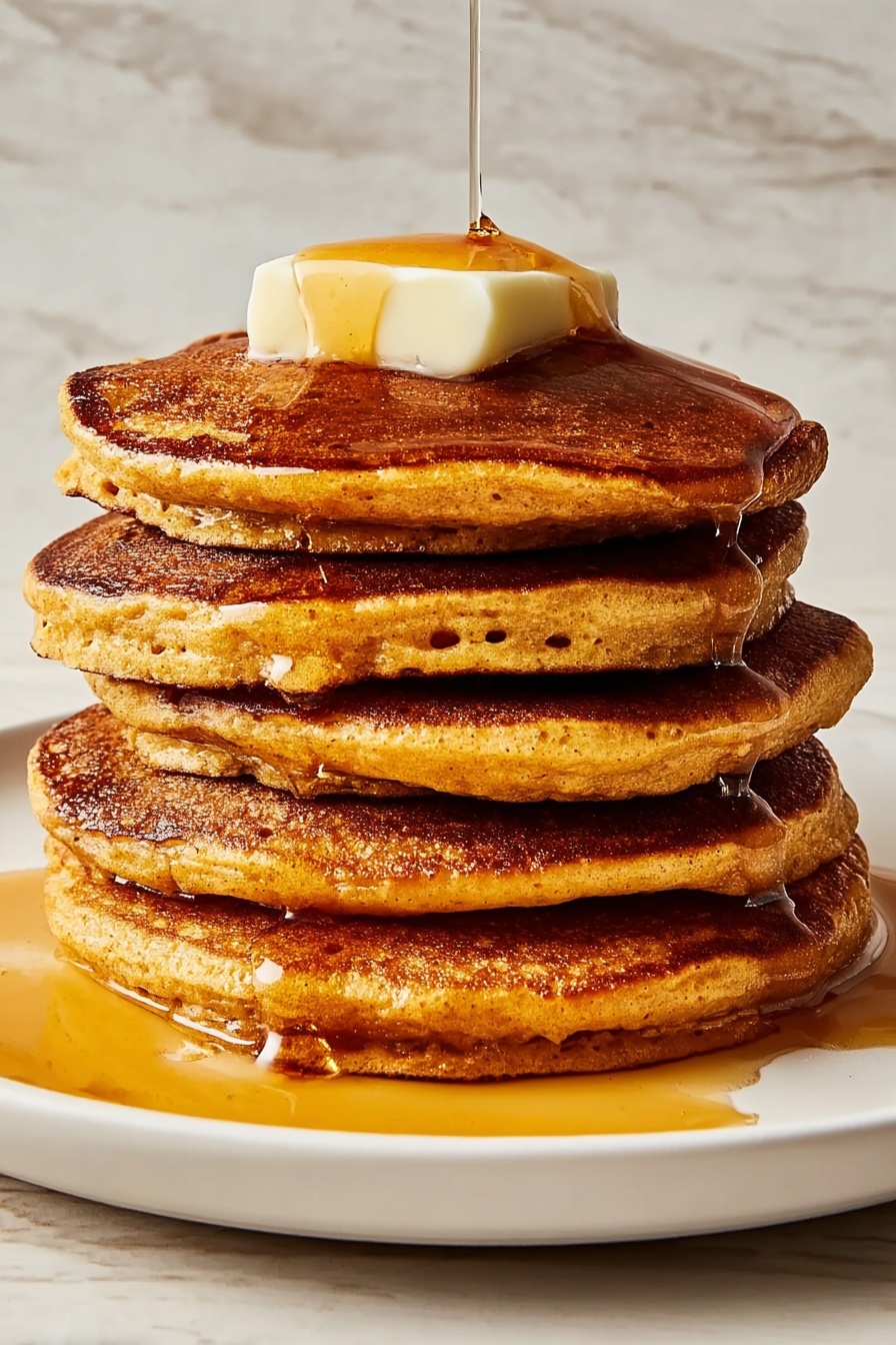 A stack of five thick, golden-brown pancakes sits in the center of a white plate. The pancakes have a slightly rough texture with small air holes visible on the edges. On top of the stack is a melting square of pale yellow butter, with amber syrup slowly dripping down over the sides of the pancakes, pooling slightly on the plate below. The plate rests on a surface with a white marbled texture. photo taken with an iphone --ar 2:3 --v 7 - Pumpkin Pancakes with Warm Spices and Maple Syrup, pumpkin pancake recipe, fall breakfast ideas, cozy pumpkin breakfast, fluffy pumpkin pancakes