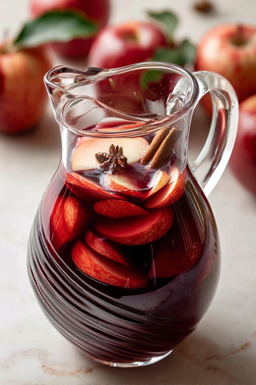 A clear glass pitcher filled with a deep red drink, with several thin slices of red apple floating on top, along with a whole cinnamon stick near the center. The pitcher has a wide, curved handle and visible swirl patterns along its top edge. The background shows a soft white marbled surface, and a few red apples with green leaves are seen blurred in the background. The lighting highlights the rich color and transparency of the liquid, emphasizing the fresh fruit and spice inside. photo taken with an iphone --ar 2:3 --v 7 - Honeycrisp Apple Red Sangria, apple sangria recipe, fall cocktail ideas, fruit infused wine, easy festive drinks