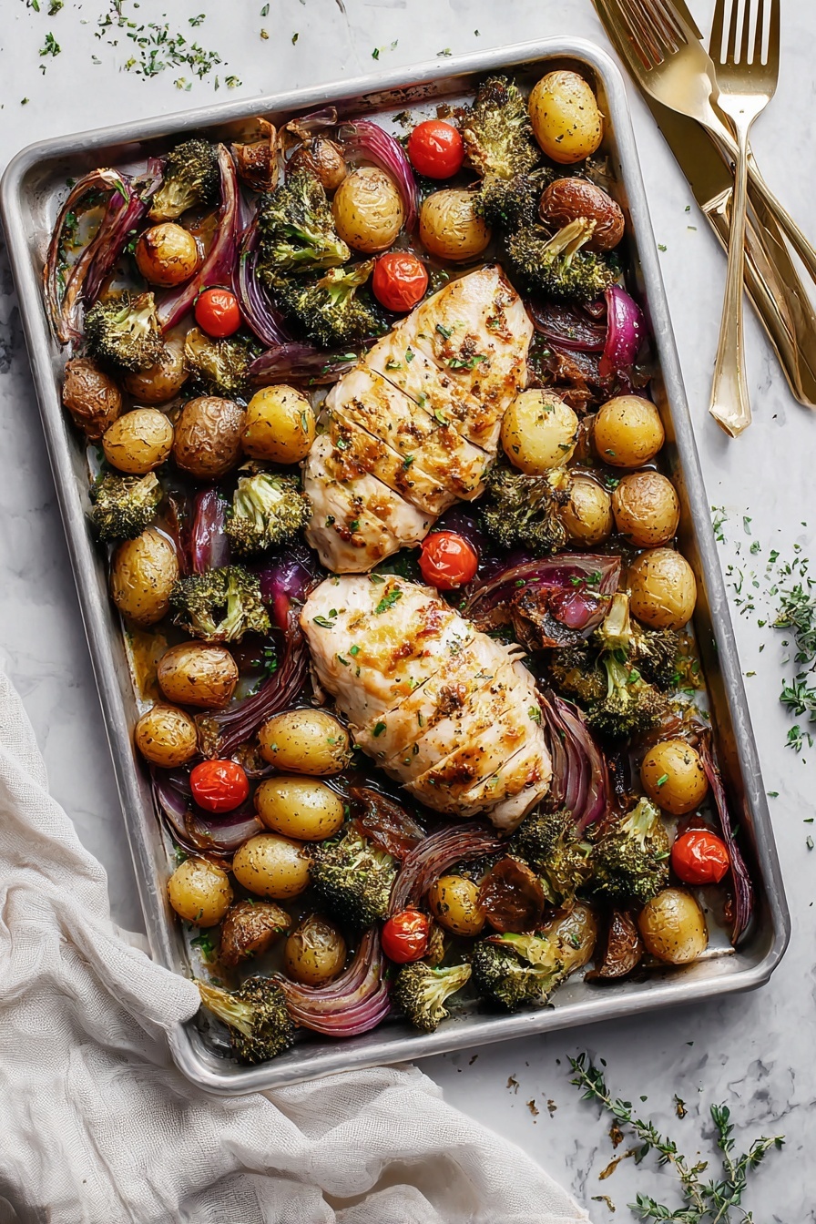 The image shows two sliced, cooked chicken breasts placed on a large white tray. The chicken is golden brown with light grill marks and sprinkled with small bits of green herbs. Surrounding the chicken are many roasted baby potatoes in different shades of brown, yellow, and purple. Scattered throughout are bright red roasted cherry tomatoes, and green broccoli florets with slightly charred tips. Thin slices of soft purple onion are mixed in with the vegetables, all resting on a white marbled surface. The colors and textures create a warm, rustic look with a balanced mix of vegetables and meat. photo taken with an iphone --ar 2:3 --v 7 - Sheet Pan Chicken and Veggies, Easy Sheet Pan Dinner, Healthy Chicken and Roasted Vegetables, Quick Weeknight Dinner, One-Pan Chicken and Veggies