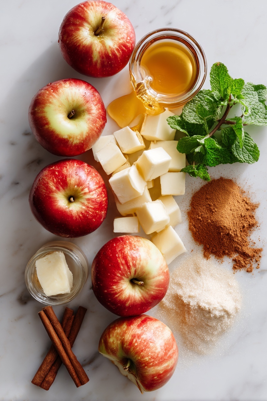 Flat lay of fresh Honey Crisp apples, some whole and some chopped into cubes, surrounded by a small pile of ground cinnamon powder, a drizzle of golden maple syrup in a delicate stream, a small pat of creamy salted butter, and a tiny glass vial of pure vanilla extract, all beautifully arranged with a few cinnamon sticks for texture and a sprig of fresh green mint for color contrast, placed on a white marble surface, photo taken with an iphone --ar 2:3 --v 7 - Easy Cinnamon Apples, cinnamon apple dessert, warm apple snack, quick apple dessert, simple apple side dish