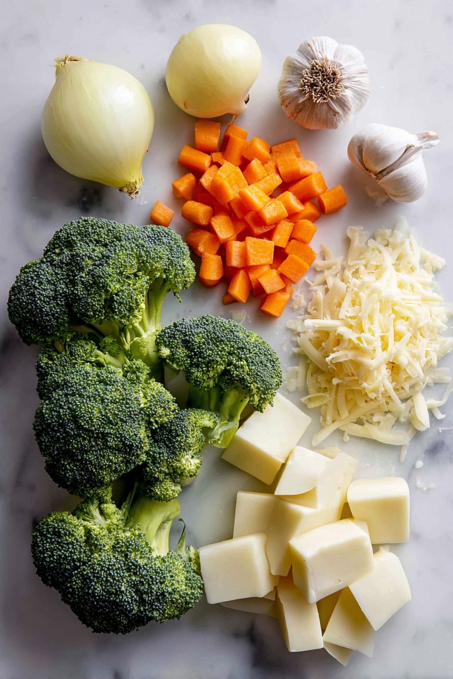 Flat lay of fresh broccoli florets with their bright green color, diced orange carrots, peeled and cubed white potatoes, a whole peeled onion with a slight shine, several cloves of fresh garlic with papery skins, a small pile of shredded sharp cheddar cheese with vibrant yellow-orange hues, and a pat of creamy butter, all beautifully arranged on a white marble surface, photo taken with an iphone --ar 2:3 --v 7 - Broccoli Potato Cheese Soup, hearty broccoli potato cheese soup, cheesy vegetable soup, creamy broccoli potato soup, quick easy cheese soup