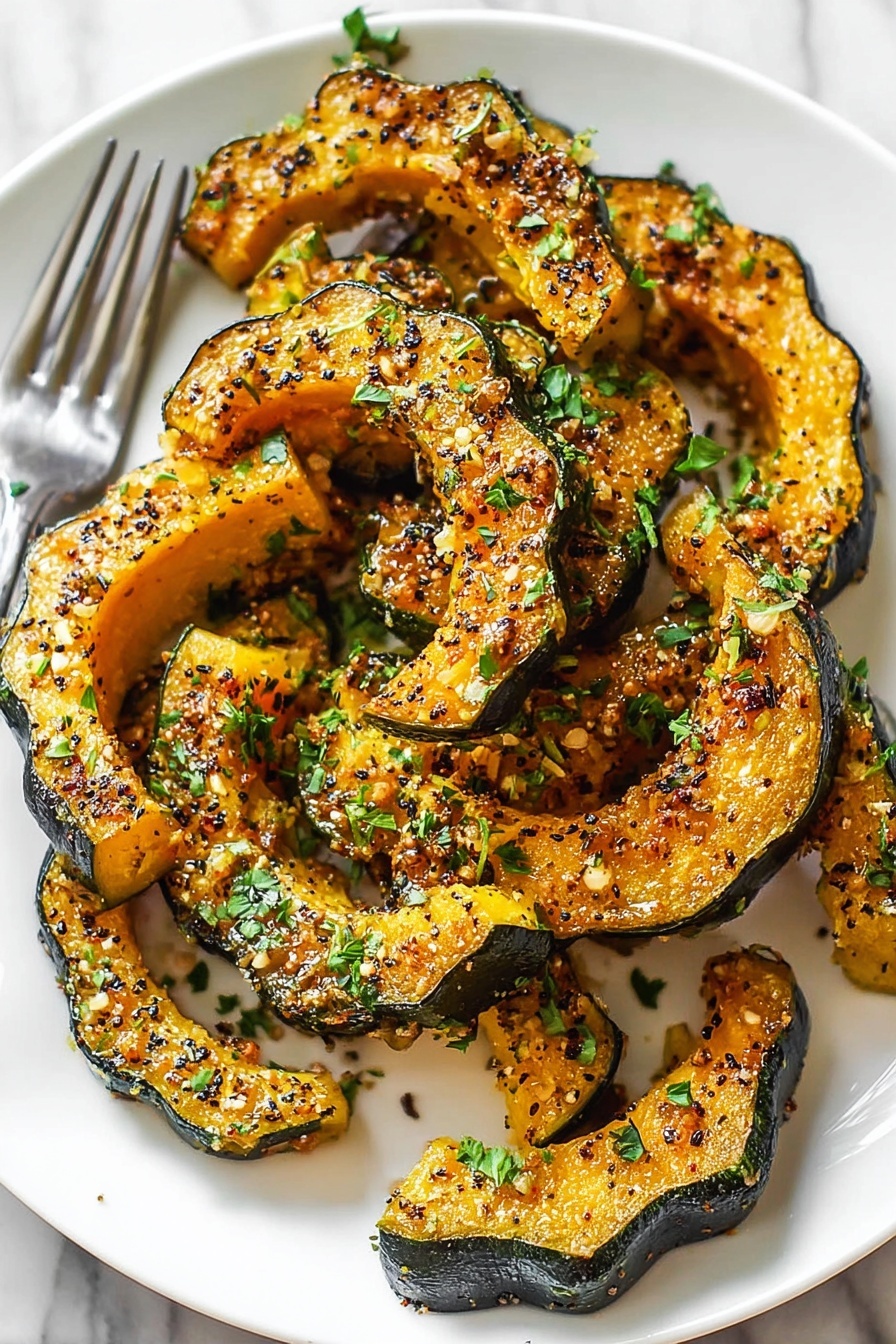 The image shows a silver baking tray on a white marbled surface with a black and white striped towel beside it. On the tray, there are ten pieces of roasted delicata squash arranged in loose rows. Each piece is crescent-shaped with caramelized, golden brown edges and a slightly crispy texture, with darker brown speckles of seasoning scattered on the surface. The inside flesh of the squash has a warm, light yellow-orange color, contrasting with the darker, slightly wrinkled skin on the outer edge. Some oil droplets and small bits of seasoning remain on the tray around the squash slices. The photo taken with an iphone --ar 2:3 --v 7 - Parmesan Herb Roasted Acorn Squash, roasted acorn squash with herbs and cheese, healthy fall vegetable side dish, easy roasted squash recipe, flavorful acorn squash preparation