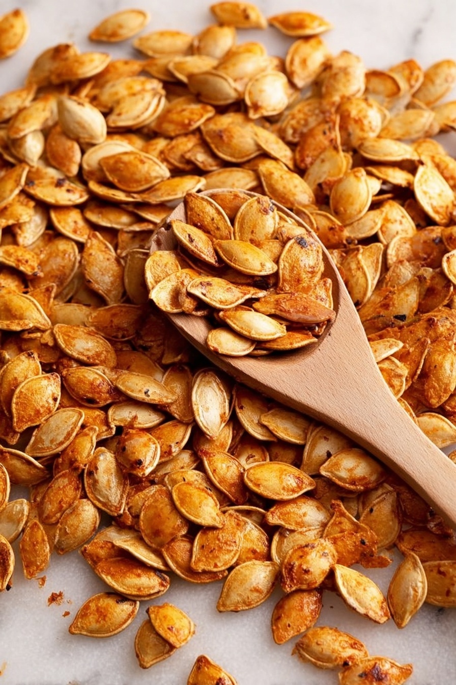 A metal baking tray lined with white parchment paper is filled with many roasted pumpkin seeds scattered all over. The seeds are a mix of light golden brown and medium brown color, showing a crispy texture. A wooden spoon holding several pumpkin seeds rests near the right side of the tray. The tray is placed on a white marbled surface, with a blue cloth partially visible in the lower-left corner. Photo taken with an iphone --ar 2:3 --v 7 - Roasted Pumpkin Seeds with Olive Oil, Sea Salt, and Chili Powder, crispy pumpkin seed snack, homemade roasted pumpkin seeds, spicy pumpkin seed recipe, healthy pumpkin seed snack