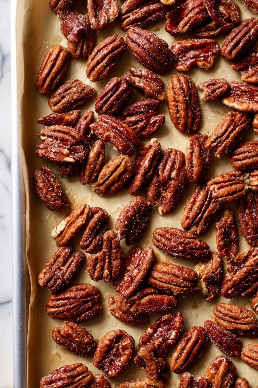 A close-up view of many roasted pecans spread evenly on a white baking tray lined with light brown parchment paper. The pecans are deep brown with a rough, glazed texture, showing small sugar crystals on their surface, and they vary slightly in size and shape. The background under the tray is a white marbled surface. photo taken with an iphone --ar 2:3 --v 7 - Sweet and Spicy Candied Pecans, Candied Pecans recipe, Spicy sweet snack, Easy candied nut recipe, Salads and desserts toppings