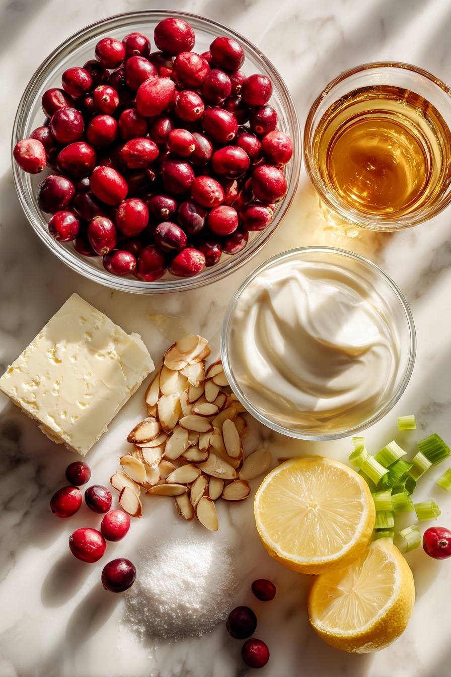 Flat lay of fresh bright red cranberries, a wedge of creamy soft cream cheese, a small pile of sparkling granulated sugar, thinly sliced vibrant green scallions, a scattering of golden sliced almonds, a lemon with a few pieces of finely grated lemon zest, a small splash of clear amber brandy in a glass drop, and a swirl of thick white heavy cream, all beautifully arranged with careful spacing and natural light highlighting their textures, placed on a white marble surface, photo taken with an iphone --ar 2:3 --v 7 - Cranberry Cream Cheese Spread, Cranberry Cream Cheese, Holiday Cranberry Spread, Easy Cranberry Dip, Festive Cream Cheese Appetizer