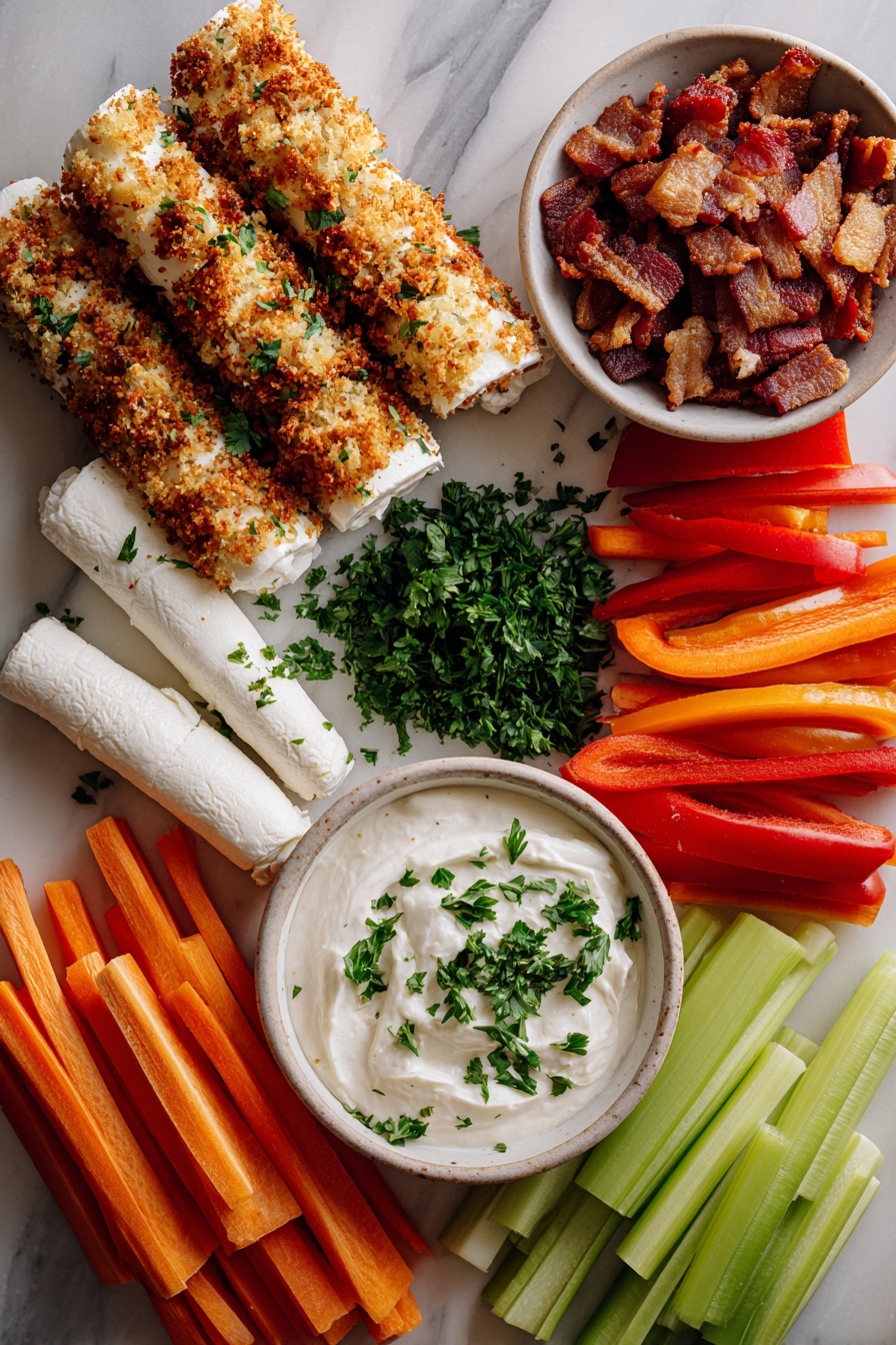Flat lay of creamy white goat cheese logs, a small bowl of smooth sour cream, crispy golden pancetta cubes, toasted light brown panko breadcrumbs, fresh bright green chopped parsley, and colorful assorted raw vegetables like orange carrot sticks, red bell pepper slices, and green celery sticks, all beautifully arranged and separated on a white marble surface, photo taken with an iphone --ar 2:3 --v 7 - Whipped Goat Cheese with Pancetta, Panko, and Parsley, goat cheese appetizer, savory goat cheese dip, easy gourmet starters, creamy crunchy appetizer