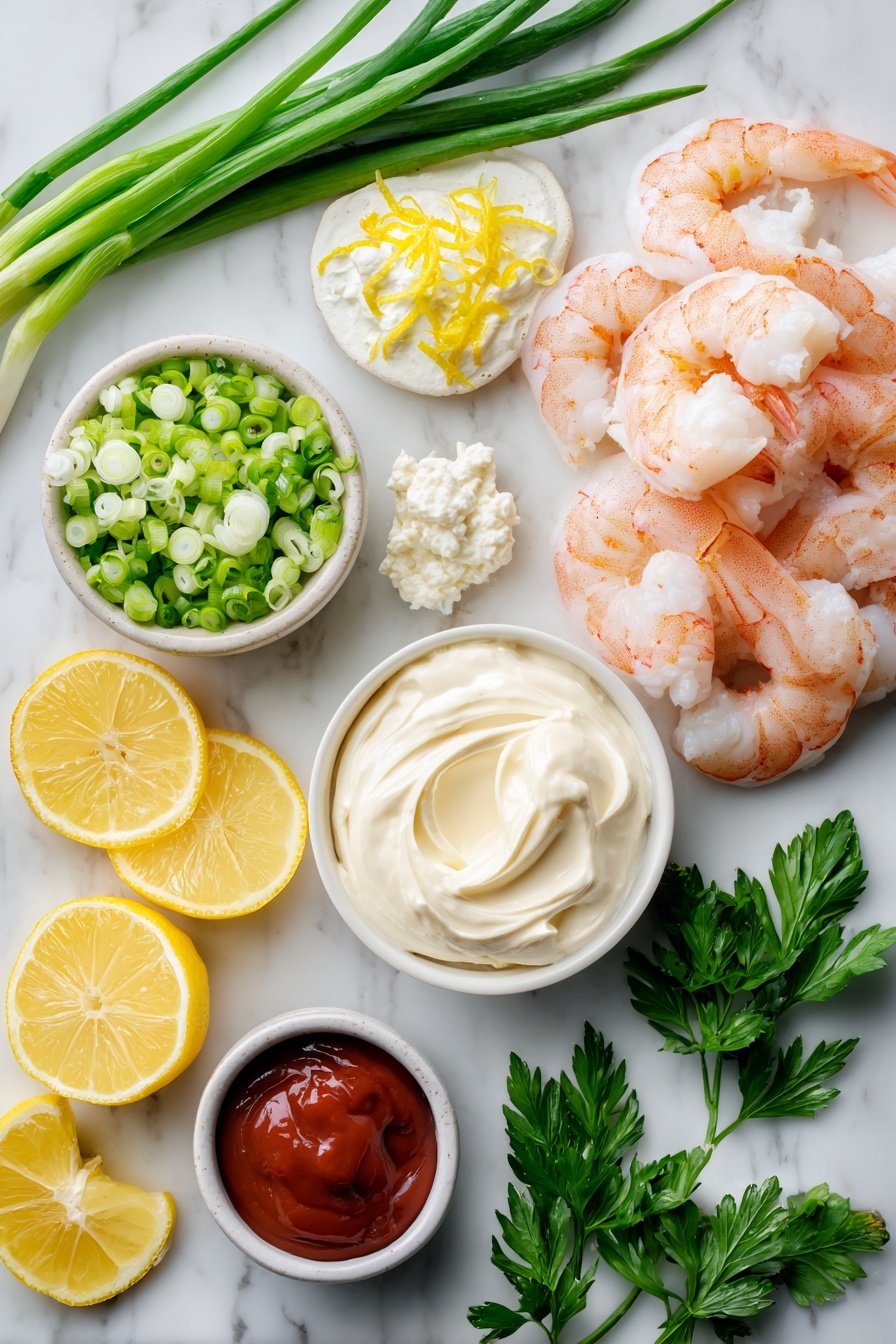 Flat lay of plump cooked shrimp, fresh green onions sliced thin, bright lemon zest and wedges of fresh lemon, vibrant chopped parsley, creamy softened cream cheese dollops, smooth mayonnaise swirl, and a small pool of rich red cocktail sauce, all beautifully arranged with scattered parsley leaves and lemon slices for color contrast, placed on a white marble surface, photo taken with an iphone --ar 2:3 --v 7 - Shrimp Dip, Shrimp Dip Appetizer, Easy Shrimp Dip, Party Shrimp Dip, Creamy Shrimp Dip