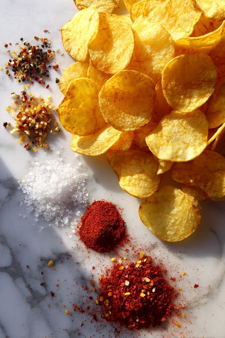 Flat lay of golden kettle-cooked potato chips, bright red paprika powder, coarse black peppercorns, granules of garlic salt, and vibrant red cayenne pepper flakes, all beautifully arranged in small piles and scattered lightly, placed on a white marble surface, photo taken with an iphone --ar 2:3 --v 7 - Spiced-Up Garlic Paprika Potato Chips, spicy kettle-cooked potato chips, homemade flavored potato chips, easy savory snack recipes, bold flavored potato chips