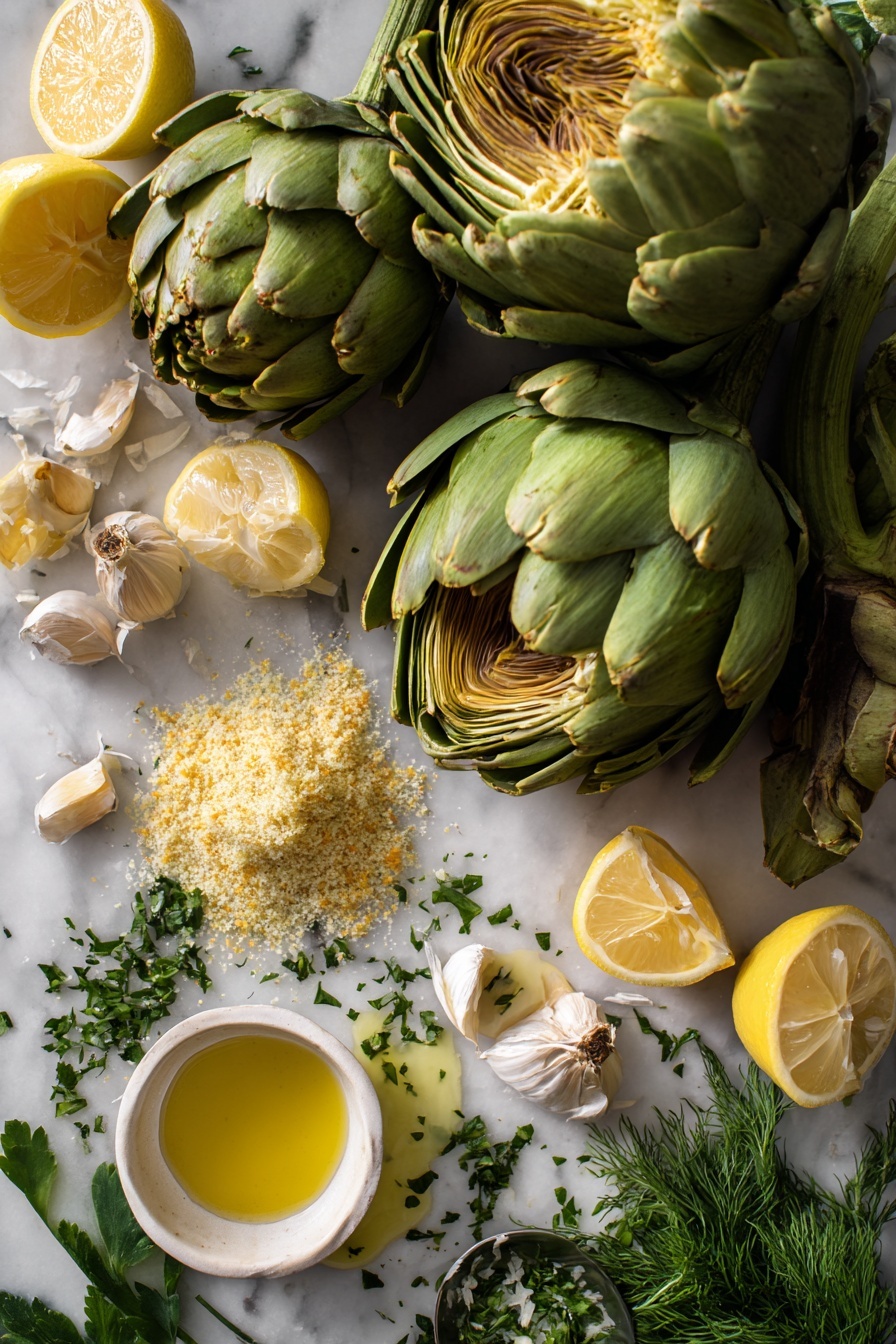 Flat lay of fresh whole artichokes with their green layered leaves gently opened, bright yellow lemon halves and zested peel, scattered fragrant garlic cloves, small anchovy filets glistening with olive oil, a pile of golden Italian seasoned breadcrumbs mixed with finely grated parmesan cheese, vibrant chopped Italian parsley sprinkled around, and a small pool of melted butter, all beautifully arranged on a white marble surface, photo taken with an iphone --ar 2:3 --v 7 - Stuffed Artichokes with Parmesan and Breadcrumbs, stuffed artichoke recipes, elegant appetizer ideas, easy artichoke dishes, Parmesan stuffed vegetables