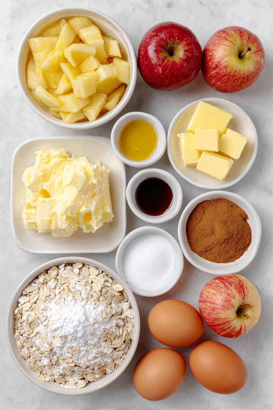 Flat lay of peeled and chopped large apples in a simple white ceramic bowl, a small white bowl of all-purpose flour, a small white bowl of brown sugar, a small white bowl with fresh lemon juice, a small white bowl with vanilla extract, a small white bowl of ground cinnamon, a small white bowl of ground nutmeg, a small white bowl of sea salt, whole rolled oats in a simple white ceramic bowl, cold unsalted butter cut into small cubes on a white ceramic plate, and two whole uncracked brown eggs arranged in perfect symmetry placed on a clean white marble surface, soft natural light, photo taken with an iPhone, professional food photography style, fresh ingredients, white ceramic bowls, no bottles, no duplicates, no utensils, no packaging --ar 2:3 --v 7 --p awthu7i m7354615311229779997 - Easy Apple Crisp, apple crisp dessert, quick apple crisp, healthy apple crisp, easy apple crisp recipe