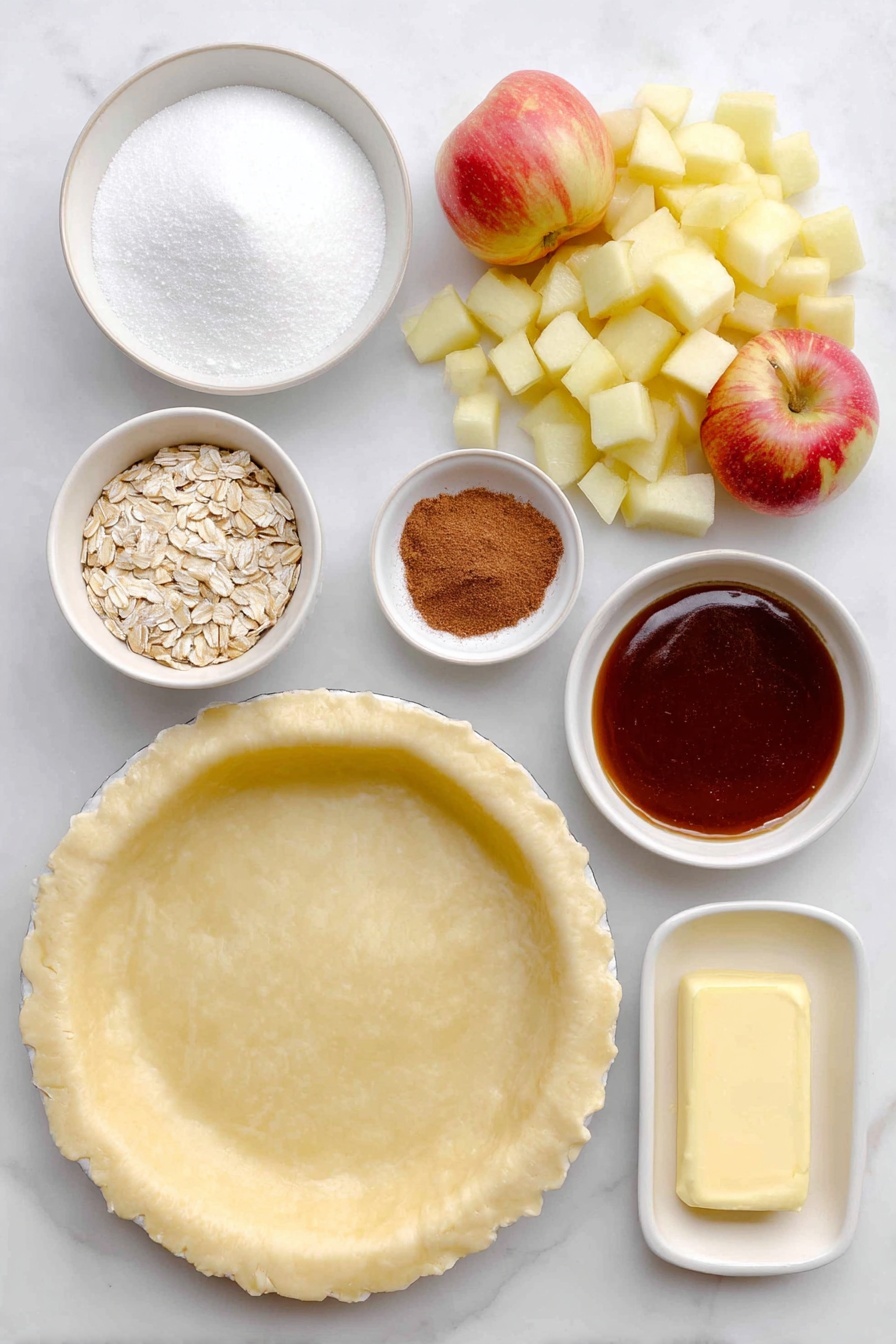 Flat lay of a small white ceramic plate with a perfectly round homemade pie crust, a handful of peeled and diced Gala, Fuji, Braeburn, and Empire apples showing fresh white flesh and warm red and yellow skins, a small white bowl filled with white granulated sugar, another small white bowl holding light brown all-purpose flour, a small white bowl containing packed brown sugar with a rich molasses color, a small white bowl of old-fashioned rolled oats, a small white bowl with ground cinnamon of a reddish-brown fine powder, a small white bowl with a quarter cup of softened salted butter showing creamy texture, and a small white bowl with glossy caramel topping, all arranged symmetrically and balanced on a clean white marble surface, soft natural light, photo taken with an iPhone, professional food photography style, fresh ingredients, white ceramic bowls, no bottles, no duplicates, no utensils, no packaging --ar 2:3 --v 7 --p awthu7i m7354615311229779997 - Apple Crisp Pizza, easy apple dessert, fall dessert recipes, cinnamon apple treat, unique pizza desserts