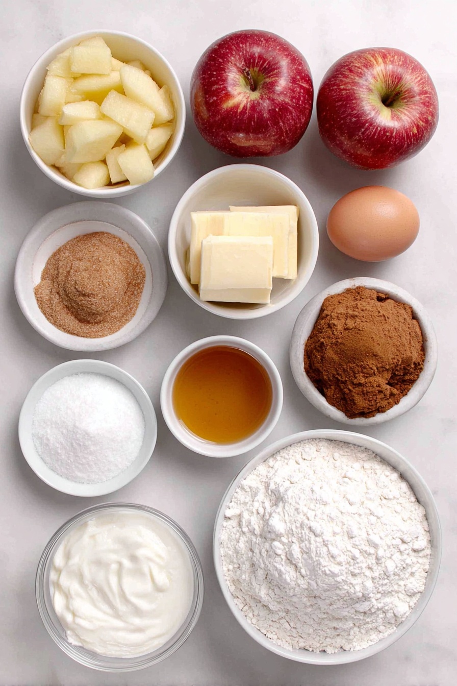 Flat lay of fresh peeled and chopped medium baking apples, a small mound of light brown sugar, a small white bowl of ground cinnamon powder, a small white bowl of ground ginger powder, a single large uncracked egg with a clean shell, a small mound of white granulated sugar, a small white bowl of vegetable oil, a small white bowl of full-fat sour cream, a small white bowl of vanilla extract, a small mound of all-purpose flour, a small white bowl of baking soda powder, a small white bowl of kosher salt, a small white bowl of sifted powdered sugar, a small white bowl of milk placed on a clean white marble surface, soft natural light, photo taken with an iPhone, professional food photography style, fresh ingredients, white ceramic bowls, no bottles, no duplicates, no utensils, no packaging --ar 2:3 --v 7 --p awthu7i m7354615311229779997 - Amish Apple Fritter Bread, apple cinnamon quick bread, fall dessert bread, cinnamon apple bread recipe, soft sweet apple bread