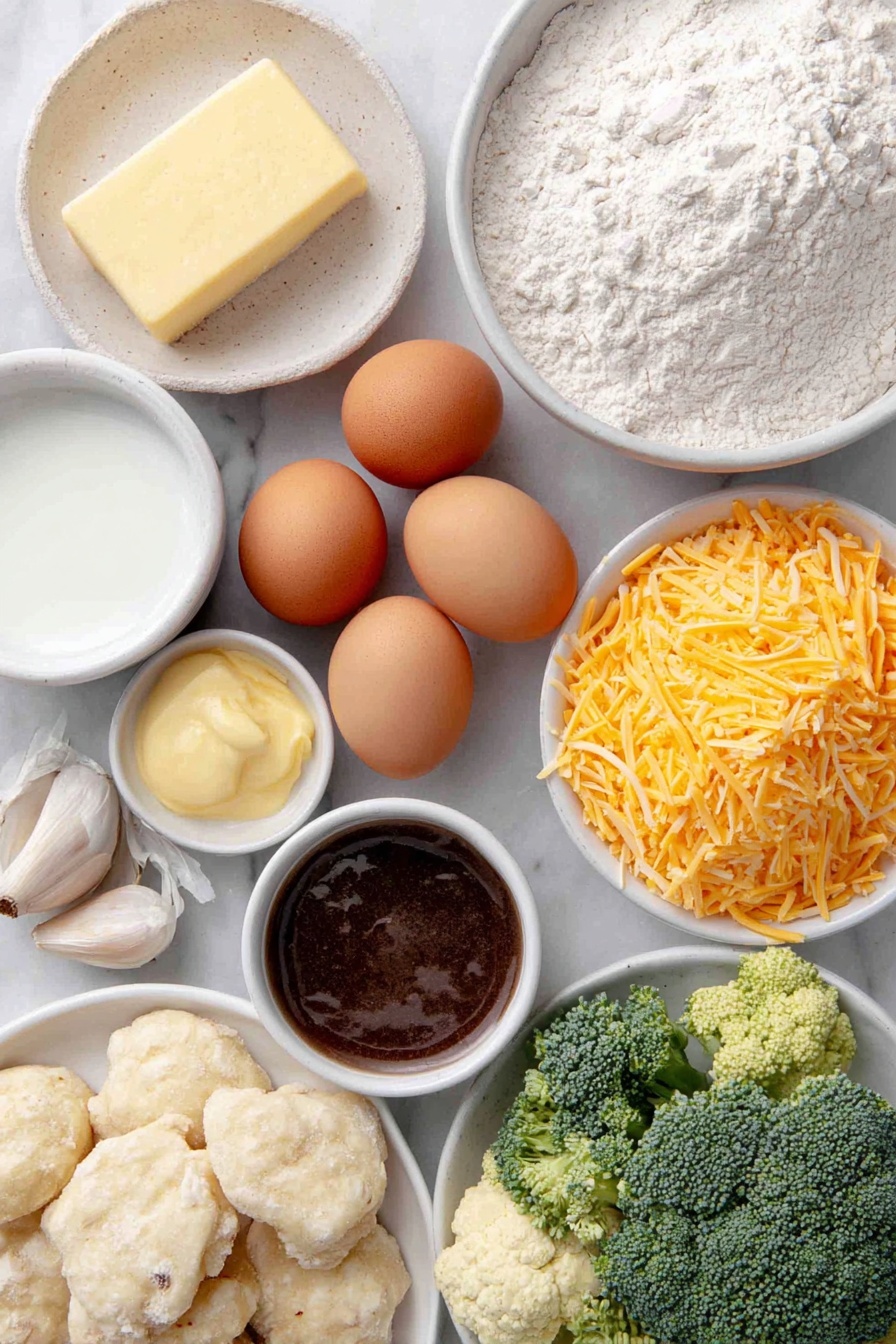 Flat lay of a small pat of creamy yellow butter, one small white onion halved to show fresh layers, two whole uncracked brown eggs, two cloves of fresh garlic with papery skin, a small white ceramic bowl filled with fine white all-purpose flour, a small white bowl of smooth whole milk, a small white bowl of pale heavy cream, a small white bowl containing golden chicken broth, a small white bowl with smooth Dijon mustard, a small white bowl holding dark Worcestershire sauce, a large bright orange shredded carrot mound, a neat pile of fresh green broccoli florets, a cluster of pillowy potato gnocchi, and a pile of freshly shredded sharp orange cheddar cheese, all arranged symmetrically on a clean white marble surface, soft natural light, photo taken with an iPhone, professional food photography style, fresh ingredients, white ceramic bowls, no bottles, no duplicates, no utensils, no packaging --ar 2:3 --v 7 --p awthu7i m7354615311229779997 - Broccoli Cheddar Gnocchi Soup, cheesy broccoli soup, creamy gnocchi soup, easy cheesy soup recipes, hearty vegetable soup