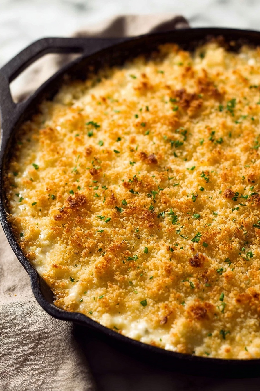 The image shows a close-up of a slice of baked macaroni and cheese being lifted, with long strings of melted white cheese stretching down from the main dish. The macaroni is covered with a thick layer of creamy, white cheese sauce visible inside, topped with a golden-brown crumbly layer with a slightly crispy texture and small green herb bits scattered on top. The background is a white marbled texture, and the dish rests in a white container. The focus is on the gooey cheese stretching and the crunchy topping on the macaroni. photo taken with an iphone --ar 2:3 --v 7 - Baked Mac and Cheese, cheesy baked macaroni and cheese, creamy baked mac and cheese, crispy topping mac and cheese, easy baked mac and cheese