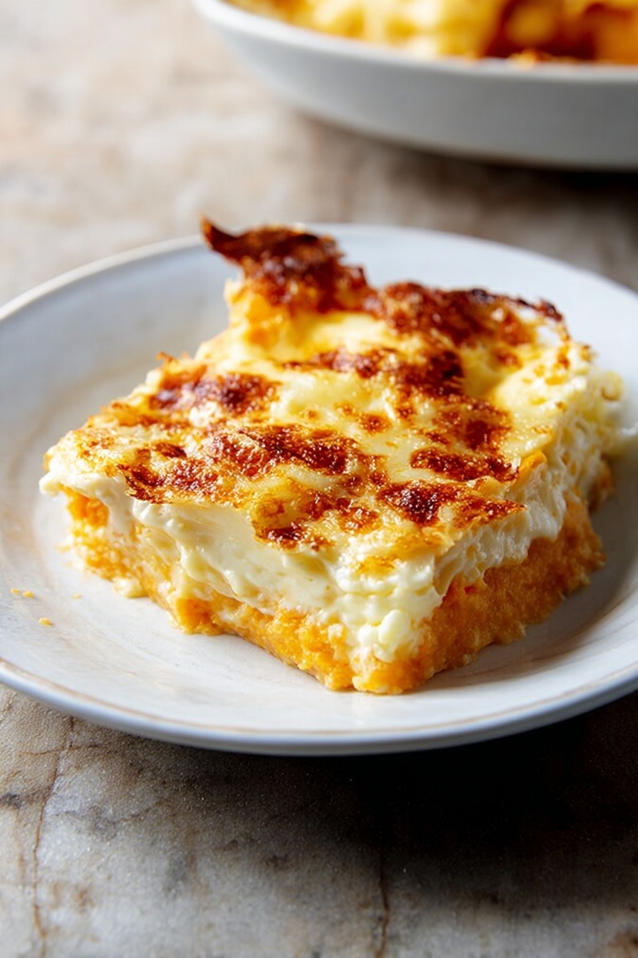 A white plate holds a single slice of layered cheesy casserole. The bottom layer is a soft, orange mashed base with a slightly rough texture. Above it is a creamy white layer topped with melted cheese that has browned spots and a bubbly texture. The edges show some golden-brown crisping, and the slice looks warm and soft. The white plate sits on a white marbled surface. photo taken with an iphone --ar 2:3 --v 7 - Roasted Butternut Squash Lasagna, vegetarian lasagna with butternut squash, easy butternut squash lasagna, hearty roasted squash pasta bake, cozy fall lasagna