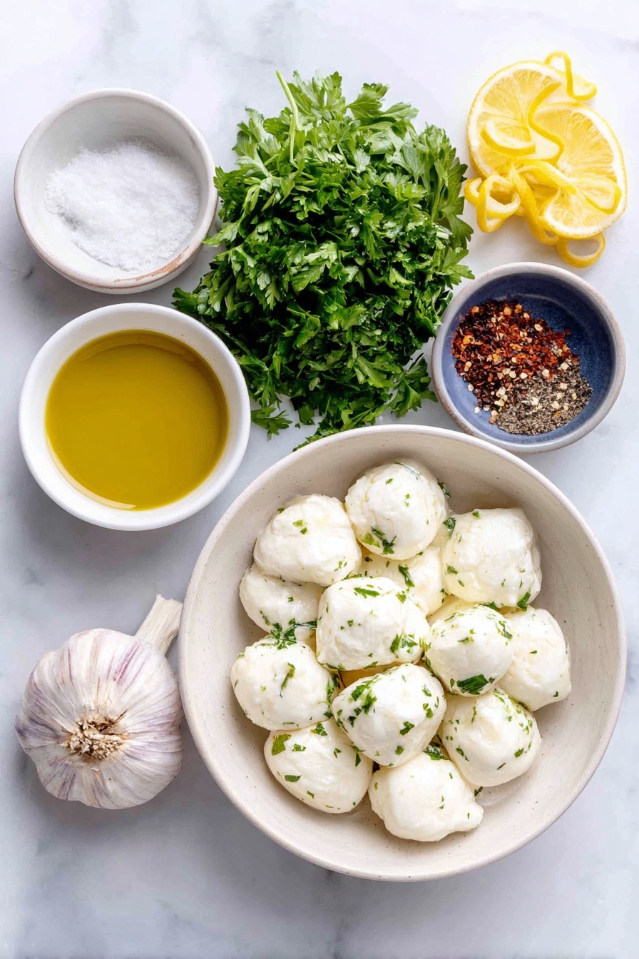 Flat lay of fresh ciliegine mozzarella balls, a small bunch of bright green chopped parsley and basil leaves, a few lemon wedges with vibrant yellow zest curls, a whole garlic bulb with one peeled clove grated, a small white bowl of golden extra-virgin olive oil, a tiny white bowl of coarse sea salt crystals, and a tiny white bowl of red pepper flakes, all arranged in perfect symmetry on simple white ceramic dishes, placed on a clean white marble surface, soft natural light, photo taken with an iPhone, professional food photography style, fresh ingredients, white ceramic bowls, no bottles, no duplicates, no utensils, no packaging --ar 2:3 --v 7 --p awthu7i m7354615311229779997 - Marinated Mozzarella Balls, mozzarella appetizer, bruschetta-style mozzarella, easy mozzarella snack, herb-marinated mozzarella