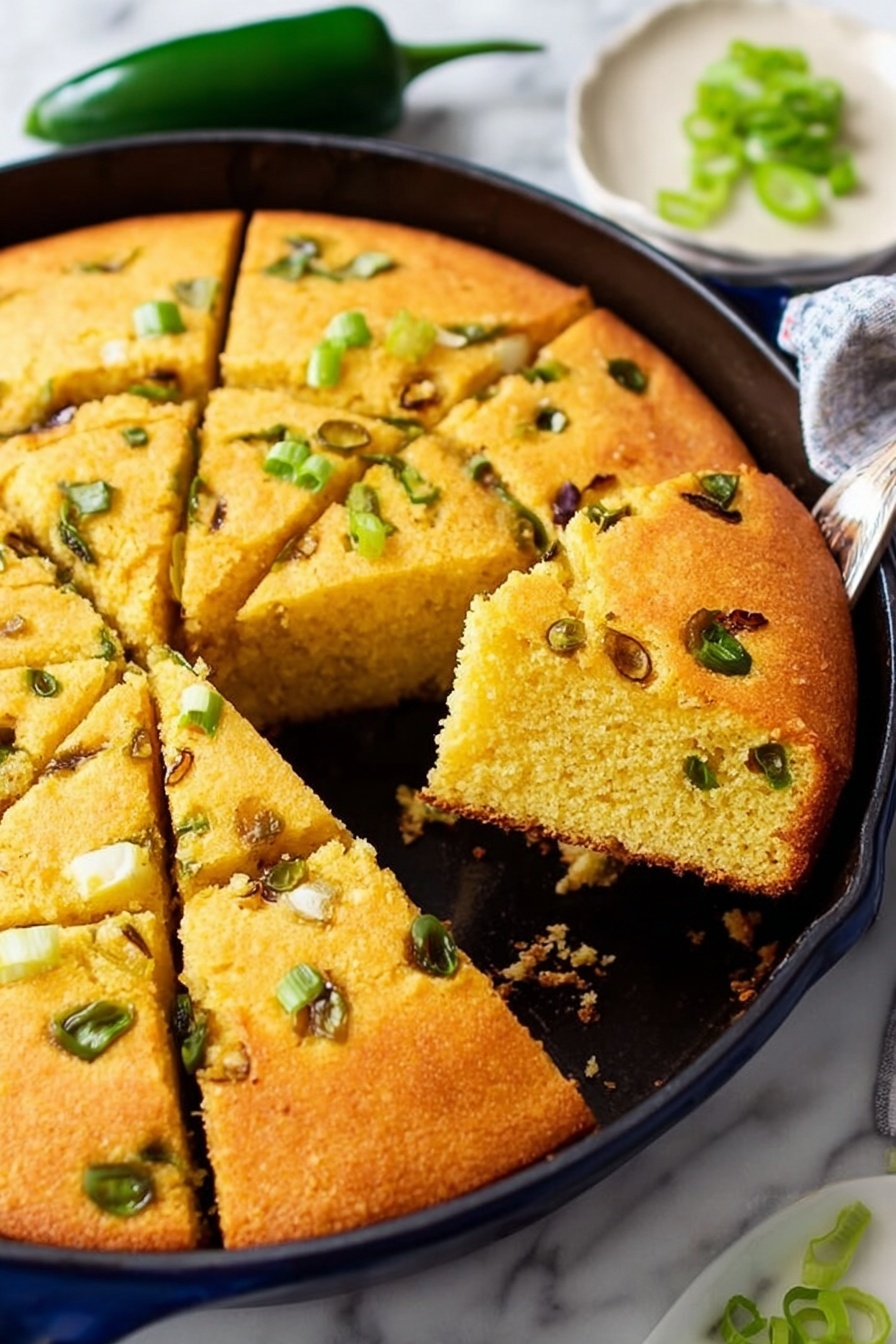 A round yellow cornbread baked in a dark blue cast iron pan, cut into nine square pieces, with green onion pieces visible on the top surface and scattered inside the cornbread. One piece is slightly pulled out but still touching the pan. The pan is set on a white marbled surface with two green chili peppers and a white plate with green onion slices nearby. Photo taken with an iphone --ar 2:3 --v 7 - Spicy Jalapeño Cornbread with Cheddar, Jalapeño Cornbread, Cheddar Cornbread, Spicy Cornbread, Cornbread with Jalapeños and Cheddar