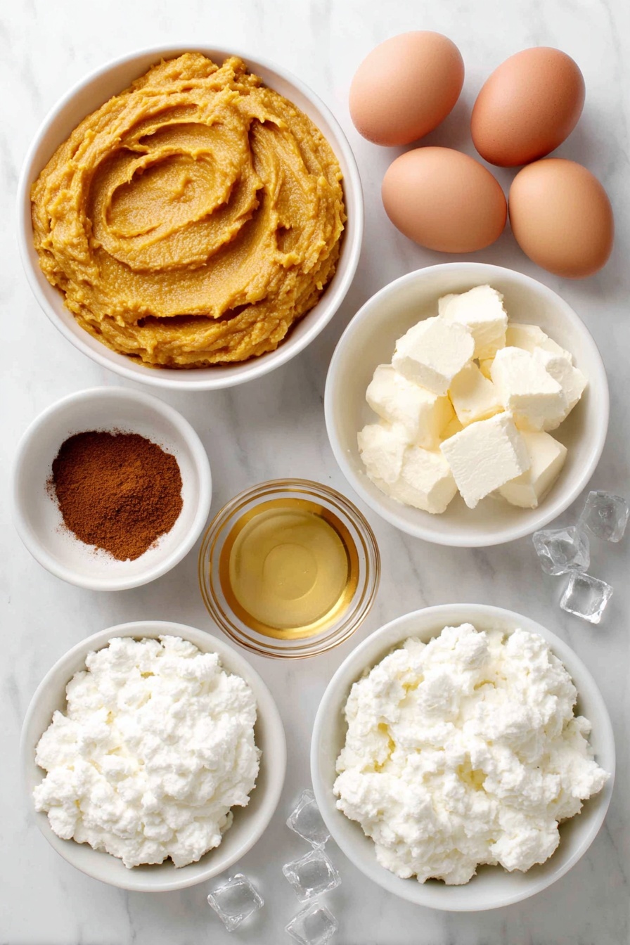 Flat lay of a small white bowl of bright orange pumpkin puree, a small white bowl of golden maple syrup, a small white bowl of creamy half-and-half, a small white bowl of warm brown pumpkin pie spice powder, two whole uncracked brown eggs, a small white bowl of fluffy white whipped cream dollops, a handful of clear ice cubes scattered neatly, two simple white ceramic martini glasses empty, placed on a clean white marble surface, soft natural light, photo taken with an iPhone, professional food photography style, fresh ingredients, white ceramic bowls, no bottles, no duplicates, no utensils, no packaging --ar 2:3 --v 7 --p awthu7i m7354615311229779997 - Pumpkin Pie Martini, Pumpkin Pie Martini cocktail, fall cocktails with vodka, cozy autumn drinks, holiday pumpkin cocktail