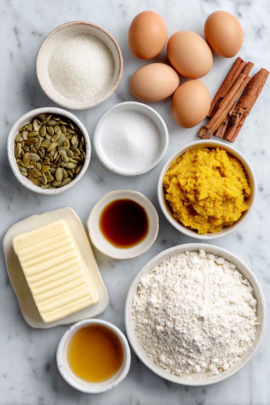 Flat lay of a stick of butter softly melting in a simple white ceramic bowl, three whole brown eggs with smooth shells arranged side by side, a small white bowl filled with granulated sugar crystals sparkling in natural light, a mound of fresh pumpkin puree with vibrant orange color on a white plate, a small white bowl holding warm amber-colored brown butter, two small white bowls with pale cream-colored heavy cream and golden amber bourbon side by side, a few dried orange-hued pumpkin pie spice leaves and sticks artistically scattered next to a small pile of light brown cinnamon sticks and yellowish ginger roots, a small white bowl containing fine white all-purpose flour, a simple white ceramic dish with roasted pepitas showcasing their glossy green shells, and a small white bowl of clear golden caramel glaze, all ingredients arranged symmetrically and balanced on a clean white marble surface, soft natural light, photo taken with an iPhone, professional food photography style, fresh ingredients, white ceramic bowls, no bottles, no duplicates, no utensils, no packaging --ar 2:3 --v 7 --p awthu7i m7354615311229779997 - Pumpkin Donuts with Bourbon Caramel Glaze, fall pumpkin donuts, bourbon caramel glaze recipe, homemade pumpkin donuts, autumn dessert ideas
