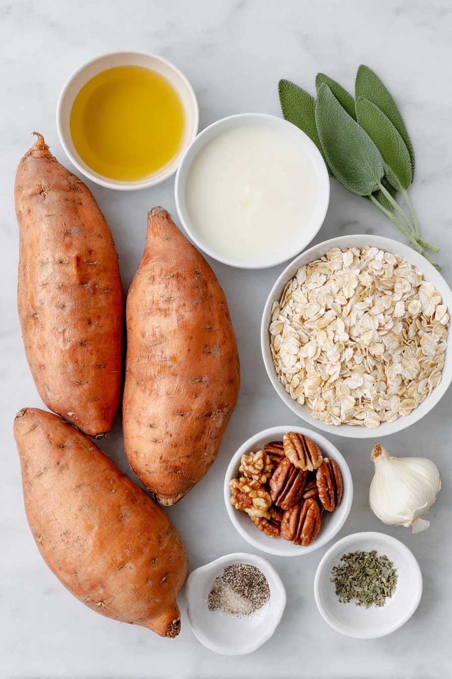Flat lay of five large bright orange sweet potatoes, a small white bowl of golden extra-virgin olive oil, a small white bowl of creamy milk, a small white bowl of fresh green sage leaves, a small white bowl of whole rolled oats, a small white bowl of whole pecans, a small white bowl of whole walnuts, one peeled garlic clove, a small white bowl of amber maple syrup, a small white bowl of dried thyme leaves, a small white bowl of minced fresh rosemary, a small white bowl of coarse sea salt, a small white bowl of freshly ground black pepper, all arranged in perfect symmetry on a clean white marble surface, soft natural light, photo taken with an iPhone, professional food photography style, fresh ingredients, white ceramic bowls, no bottles, no duplicates, no utensils, no packaging --ar 2:3 --v 7 --p awthu7i m7354615311229779997 - Sweet Potato Casserole with Crumble Topping, holiday sweet potato casserole, easy sweet potato side dish, comforting Thanksgiving casserole, flavorful crumble topping recipe