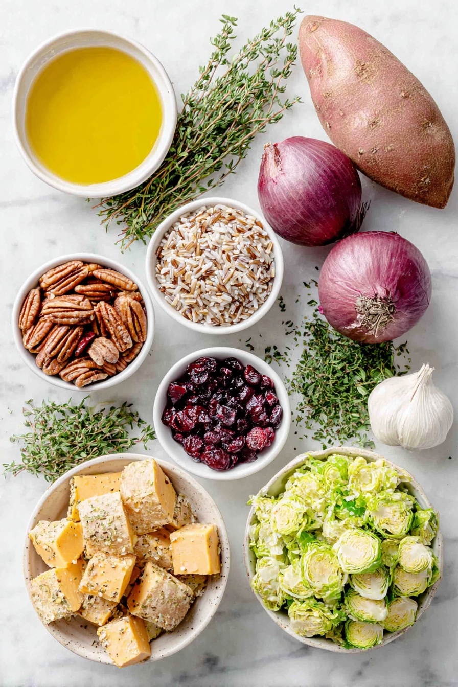 Flat lay of a small mound of dry brown wild rice blend, a few bright orange sweet potato cubes, two whole shallots with pale purple skins, a small white bowl of extra-virgin olive oil, a small white bowl of amber apple cider vinegar, a single fresh garlic clove, a small bunch of fresh thyme sprigs, a small white bowl of coarse sea salt, a small pile of shaved bright green Brussels sprouts, a small heap of dried deep red cranberries, a small pile of chopped pecans, a small bunch of vibrant fresh parsley leaves, a couple of whole brown eggs, freshly ground black pepper scattered lightly on the surface, all arranged symmetrically in simple white ceramic bowls and directly on the surface, placed on a clean white marble surface, soft natural light, photo taken with an iPhone, professional food photography style, fresh ingredients, white ceramic bowls, no bottles, no duplicates, no utensils, no packaging --ar 2:3 --v 7 --p awthu7i m7354615311229779997 - Wild Rice Pilaf with Sweet Potatoes and Cranberries, healthy wild rice dish, festive side dish recipes, cozy fall dinner ideas, easy holiday sides
