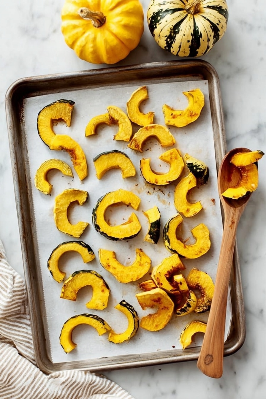 The image shows a baking tray covered with white parchment paper holding roasted squash pieces. There are two round whole squashes at the top of the tray, one with yellow skin and green stripes and the other similar but smaller. The tray is filled with curved squash slices, with bright yellow flesh and some brown roasted edges, scattered evenly across it. A wooden spoon rests on the tray with two pieces of roasted squash on it. The tray sits on a white marbled surface with parts of a white and beige striped cloth visible on the side. photo taken with an iphone --ar 2:3 --v 7 - Roasted Delicata Squash and Apple Salad, Delicata Squash Salad, Fall Vegetable Salad, Roasted Squash and Apple Recipe, Easy Seasonal Salad