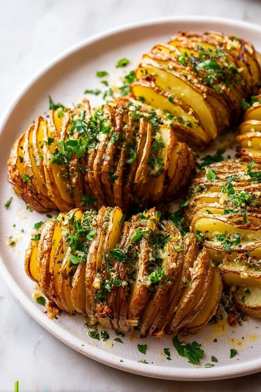 The image shows several golden brown sliced potatoes arranged on a white plate, each potato sliced almost all the way through in thin layers that fan out, revealing seasoned green herbs and a drizzle of melted butter or oil in between the slices. The potatoes have a crispy texture on the edges, sprinkled with fresh chopped green parsley on top. The white plate sits on a white marbled surface, adding a clean and bright background to the warm, earthy colors of the potatoes. The photo taken with an iphone --ar 2:3 --v 7 - Cheesy Hasselback Potatoes with Garlic Butter, Hasselback Potato Side Dish, Garlic Butter Potatoes, Crispy Hasselback Potatoes, Easy Potato Recipes