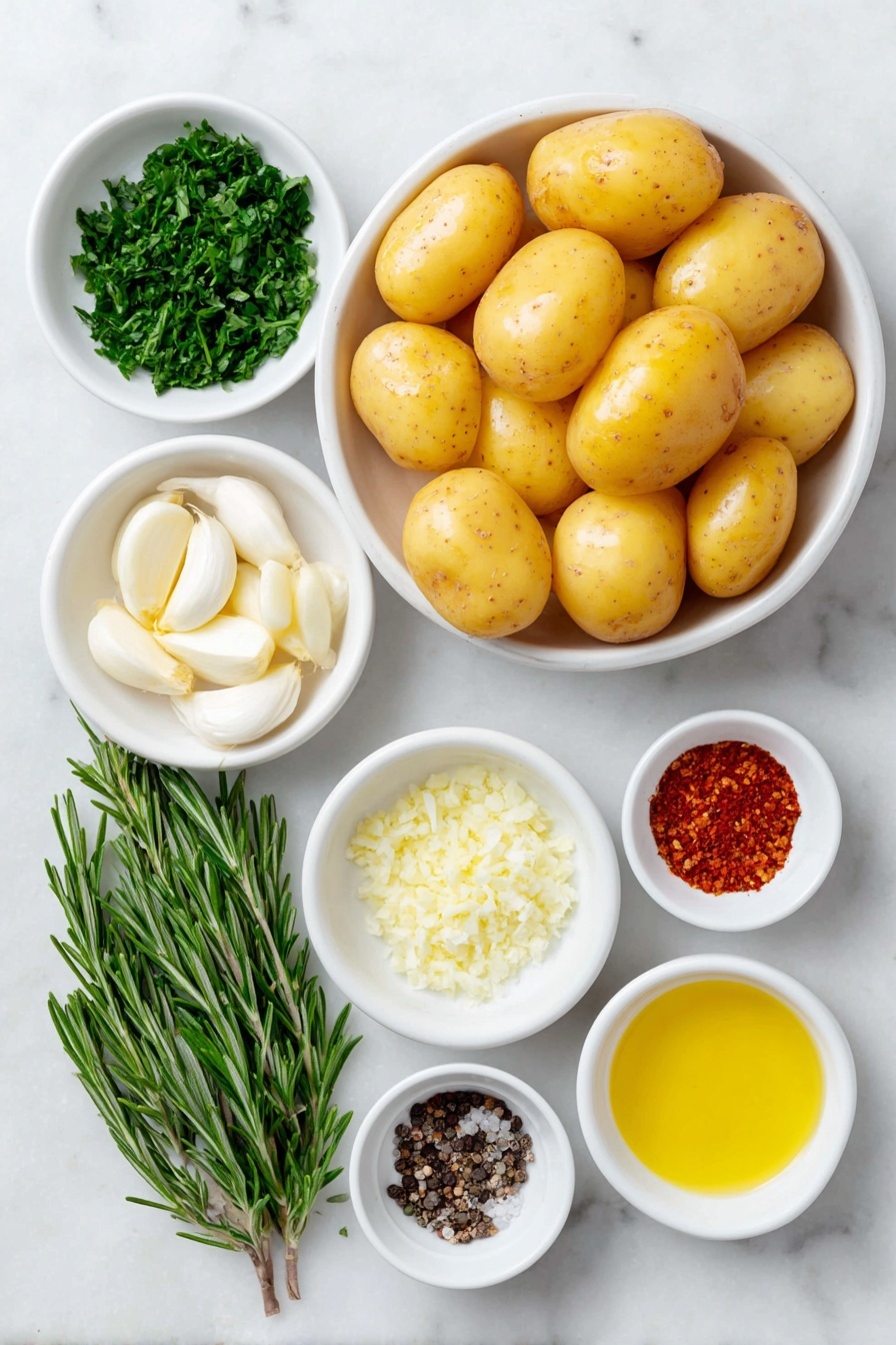 Flat lay of small halved yellow potatoes with smooth skin, a small white bowl of golden extra-virgin olive oil, a small white bowl containing fresh minced garlic cloves, a few bright green sprigs of fresh parsley, a small white bowl of chopped fresh rosemary, a small white bowl with finely grated lemon zest, a small white bowl of fresh lemon juice, a small white bowl with smooth Dijon mustard, a small white bowl of red pepper flakes, a small white bowl of coarse sea salt, a small white bowl with freshly ground black peppercorns placed on a clean white marble surface, soft natural light, photo taken with an iPhone, professional food photography style, fresh ingredients, white ceramic bowls, no bottles, no duplicates, no utensils, no packaging --ar 2:3 --v 7 --p awthu7i m7354615311229779997 - Oven Roasted Potatoes with Lemon Herb Dressing, lemon herb roasted potatoes, crispy roasted potatoes with lemon, easy lemon herb potato side, healthy roasted potato recipes