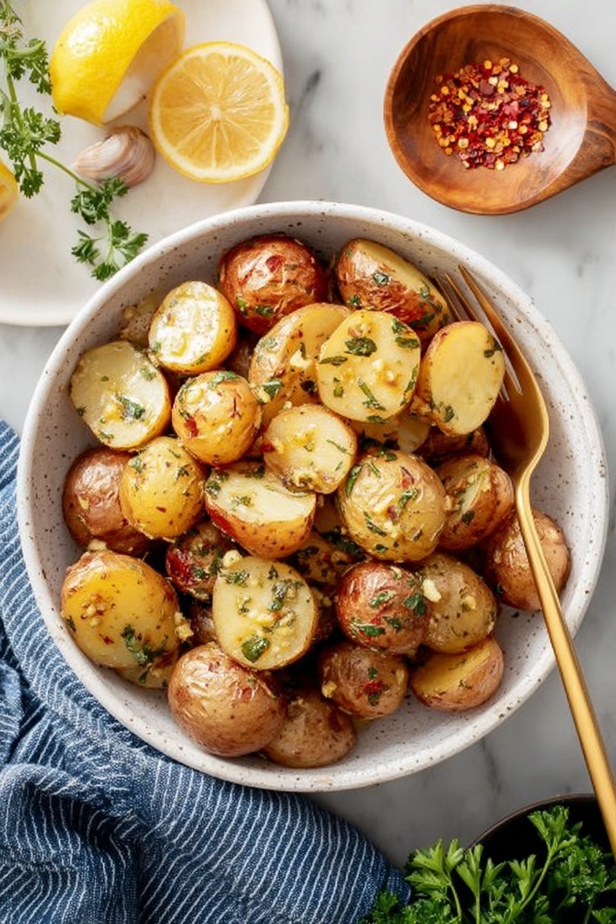 A white speckled bowl filled with two layers of small roasted potatoes, some whole and some sliced in half, showing their golden brown and slightly crispy skin with a soft-looking inner texture. The potatoes are sprinkled evenly with small green herb bits and minced garlic or seasoning. A golden spoon and fork rest inside the bowl on top of the potatoes. The bowl sits on a white marbled surface next to a small wooden dish with red chili flakes, a sprig of green parsley, two lemon halves, and a blue and white striped cloth nearby. Photo taken with an iphone --ar 2:3 --v 7 - Oven Roasted Potatoes with Lemon Herb Dressing, lemon herb roasted potatoes, crispy roasted potatoes with lemon, easy lemon herb potato side, healthy roasted potato recipes