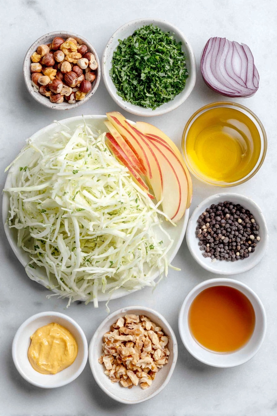 Flat lay of a large fresh green kohlrabi peeled and cut into matchsticks, a crisp red apple sliced into matchsticks, thinly sliced vibrant red onion, a small pile of toasted chopped hazelnuts, finely chopped bright green parsley, whole grain mustard dolloped on a white ceramic plate, a few whole black peppercorns scattered beside a small white ceramic bowl of golden extra-virgin olive oil, a small white ceramic bowl of amber honey, another small white bowl filled with pale apple cider vinegar, and a small white ceramic bowl of fine sea salt, all arranged in perfect symmetry on a clean white marble surface, soft natural light, photo taken with an iPhone, professional food photography style, fresh ingredients, white ceramic bowls, no bottles, no duplicates, no utensils, no packaging --ar 2:3 --v 7 --p awthu7i m7354615311229779997 - Kohlrabi Slaw with Apples and Hazelnuts, healthy kohlrabi slaw, crunchy apple slaw, easy vegetable side dish, fall party salads