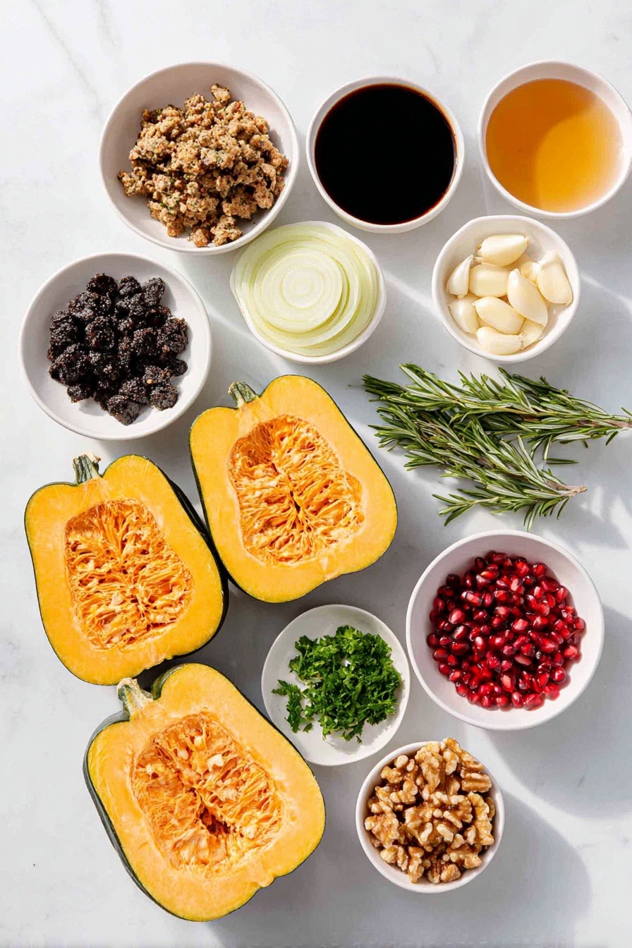 Flat lay of two halved acorn squashes with vibrant orange flesh and green ridged skins, a small pile of crumbled tempeh, a few whole cremini mushrooms with smooth brown caps, half a yellow onion with bright white and pale yellow layers, three uncracked garlic cloves with papery white skins, a small handful of coarsely chopped walnuts, a small white ceramic bowl of dark tamari sauce, a small white ceramic bowl of amber apple cider vinegar, a few sprigs of fresh green rosemary, a small pile of chopped sage leaves, a small white ceramic bowl filled with dried cranberries, fresh parsley sprigs with bright green leaves, and several glossy red pomegranate arils scattered nearby, all arranged in perfect symmetry on simple white ceramic dishes and bowls, placed on a clean white marble surface, soft natural light, photo taken with an iPhone, professional food photography style, fresh ingredients, white ceramic bowls, no bottles, no duplicates, no utensils, no packaging --ar 2:3 --v 7 --p awthu7i m7354615311229779997 - Stuffed Acorn Squash with Tempeh and Cranberries, healthy stuffed acorn squash, vegan acorn squash recipes, autumn vegetarian dinner ideas, cozy fall squash dishes