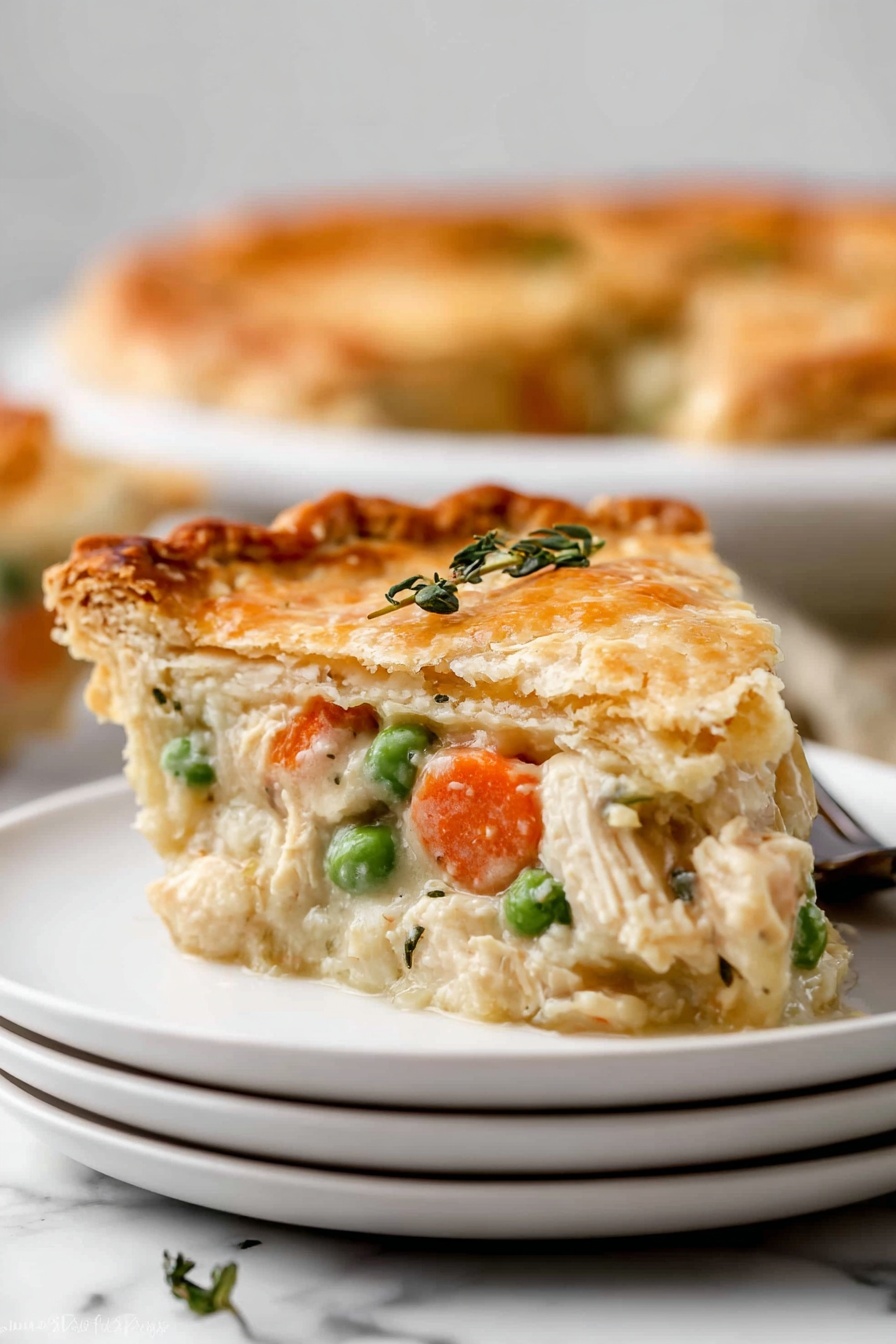 A golden brown pie with a flaky, slightly cracked crust showing a creamy white filling inside, filled with chunks of light-colored chicken, bright orange carrots, and green peas, partially scooped out revealing the thick, smooth texture of the inside layers; topped with small sprigs of fresh green herbs, the pie sits in a clear glass dish on a white marbled surface with a black cooling rack partly visible underneath, photo taken with an iphone --ar 2:3 --v 7 - Creamy Chicken Pot Pie, chicken pot pie recipe, homemade chicken pot pie, comforting chicken pie, flaky chicken pot pie