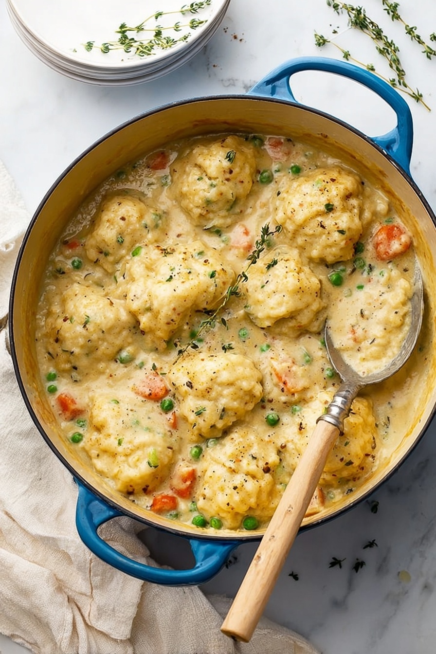 A large blue round pot filled with a creamy stew showing about 15 soft yellow biscuit dumplings sitting on top in a thick light brown sauce with small pieces of orange carrots, green peas, and bits of herbs like thyme sprinkled throughout. A silver spoon with a wooden handle rests inside the pot among the dumplings. The pot sits on cream fabric placed on a white marbled surface, with white stacked plates in the top left corner and small sprigs of fresh thyme nearby photo taken with an iphone --ar 2:3 --v 7 - Easy Chicken and Dumplings, comforting chicken and dumplings, homemade chicken and dumplings, tender chicken and fluffy dumplings, quick chicken and dumplings