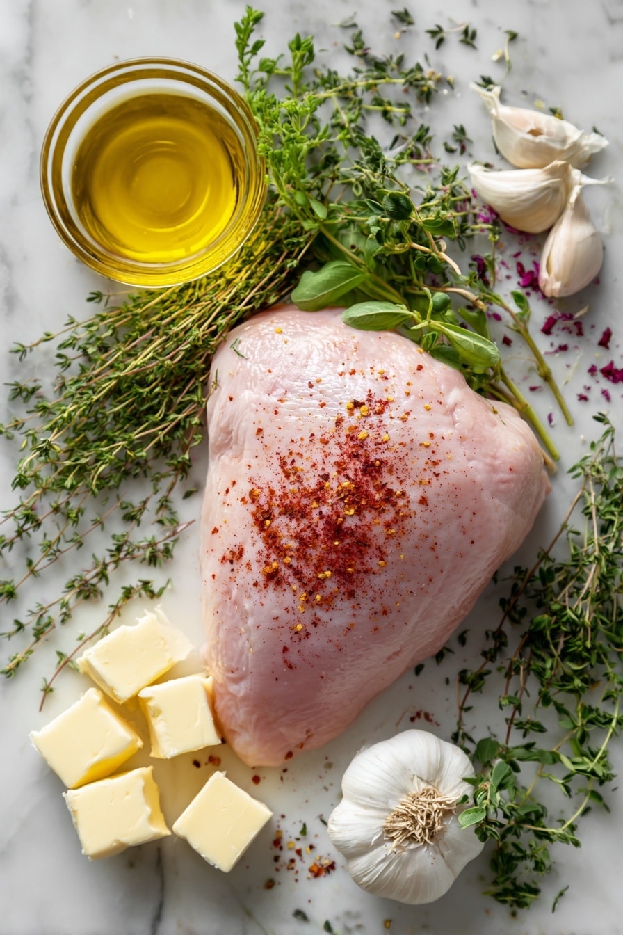 Flat lay of a large raw boneless turkey breast with a smooth pale pink surface, scattered bright red smoked paprika powder, fresh green Italian seasoning herbs including thyme, rosemary, and oregano sprigs, small delicate light green tarragon leaves, two whole unpeeled garlic cloves with white papery skin, a few cubes of creamy pale yellow unsalted butter, and a small glass bowl of golden olive oil, all naturally arranged with some herbs gently overlapping the turkey, placed on white marbled surface, photo taken with an iphone --ar 2:3 --v 7 - Instant Pot Turkey Breast with Creamy Gravy, easy turkey breast recipe, quick Instant Pot turkey, juicy turkey breast, flavorful turkey dinner